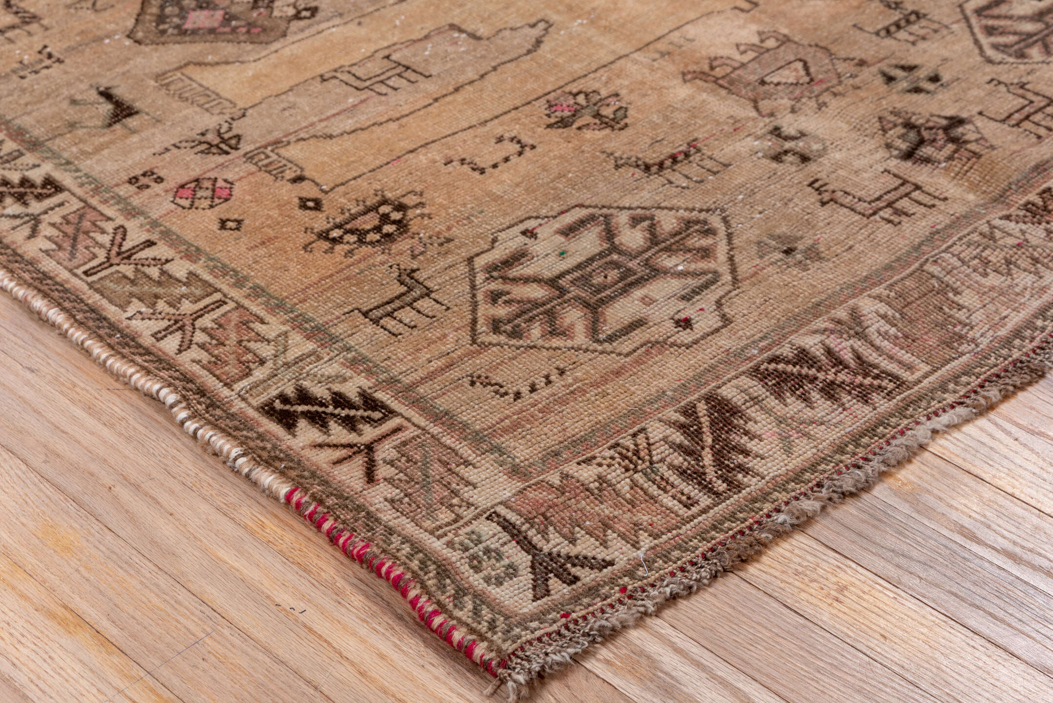 3' x 6' one-of-a-kind handmade antique Gabbe small size rug. Color palette: camel, taupe, brown, rose, ivory, charcoal