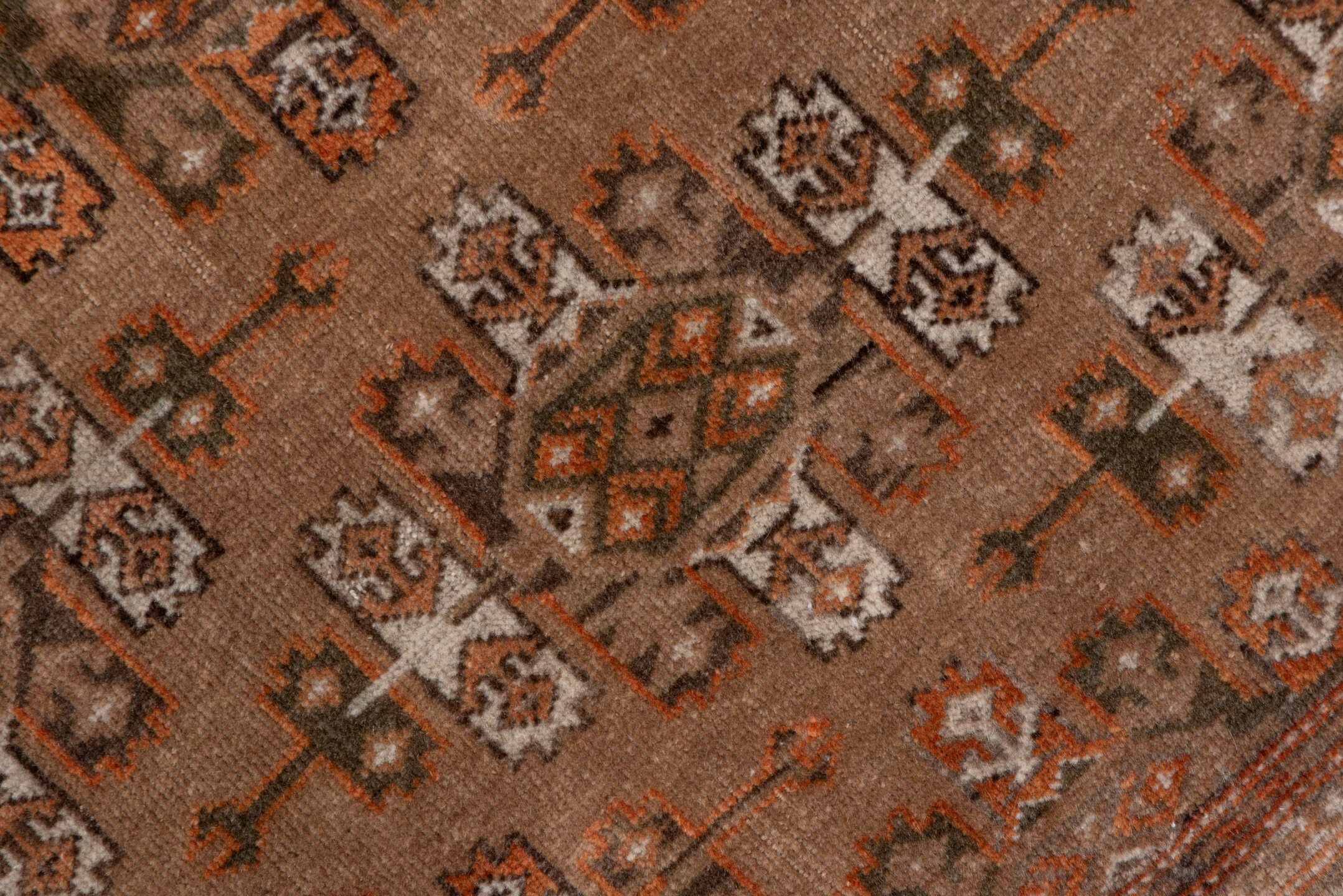 4' x 6' one-of-a-kind handmade antique Torkaman small size rug. Color palette: camel, brown, rust, ivory, taupe, beige
