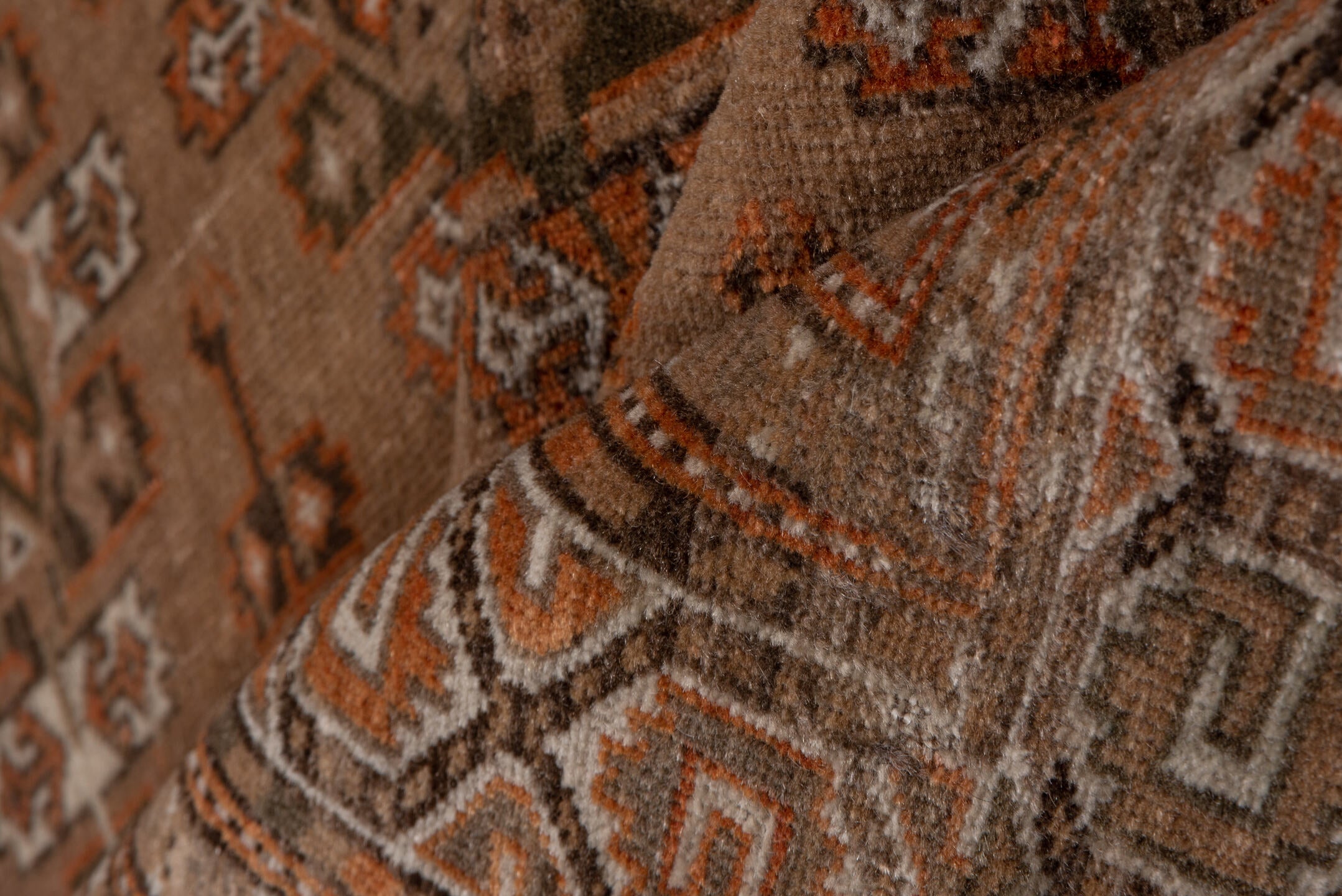 4' x 6' one-of-a-kind handmade antique Torkaman small size rug. Color palette: camel, brown, rust, ivory, taupe, beige