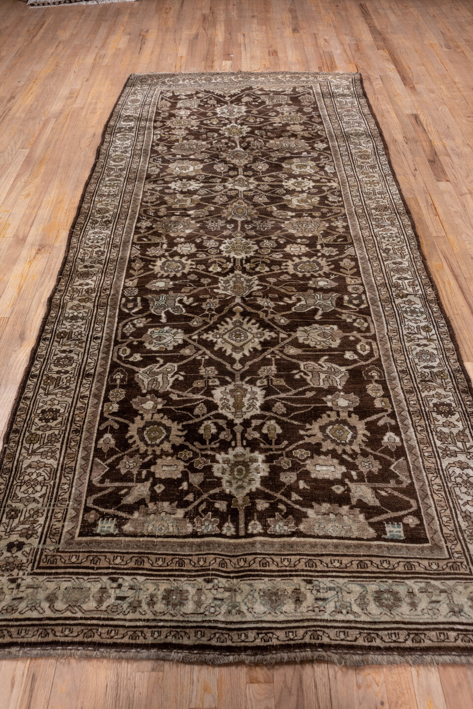 4' x 10' one-of-a-kind handmade vintage Bidjar runner rug. Color palette: brown, gray, light gray, off-white, pink, silver