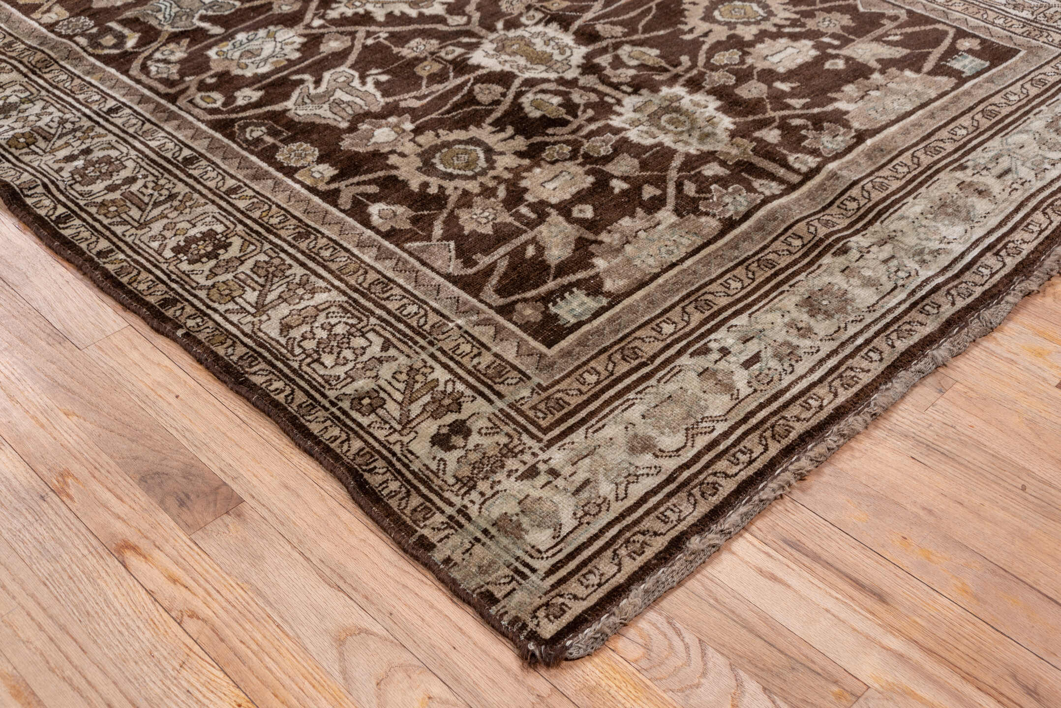 4' x 10' one-of-a-kind handmade vintage Bidjar runner rug. Color palette: brown, gray, light gray, off-white, pink, silver