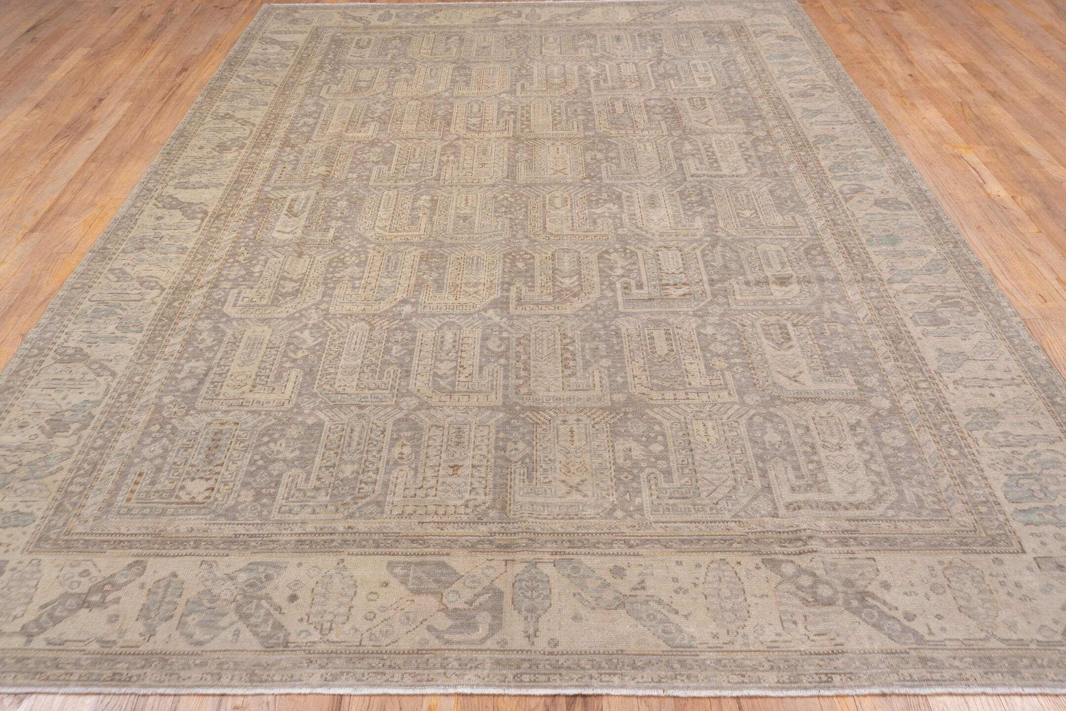 8' x 11' one-of-a-kind handmade antique Sivas large size rug. Color palette: taupe, ivory, beige, stone, pale blue, gray