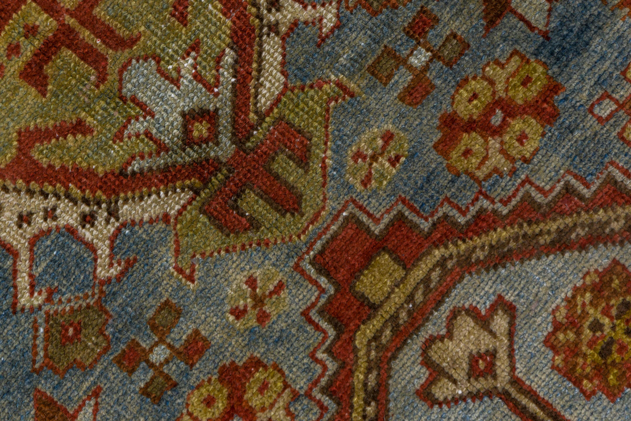 3' x 18' one-of-a-kind handmade antique Heriz runner rug. Color palette: rust, sky blue, ivory, brick, taupe, brown, slate