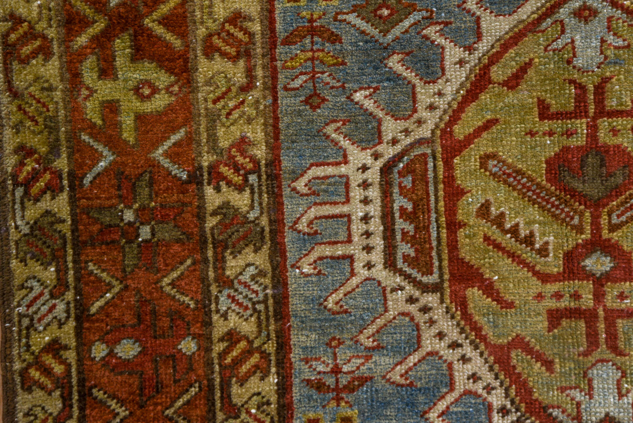 3' x 18' one-of-a-kind handmade antique Heriz runner rug. Color palette: rust, sky blue, ivory, brick, taupe, brown, slate