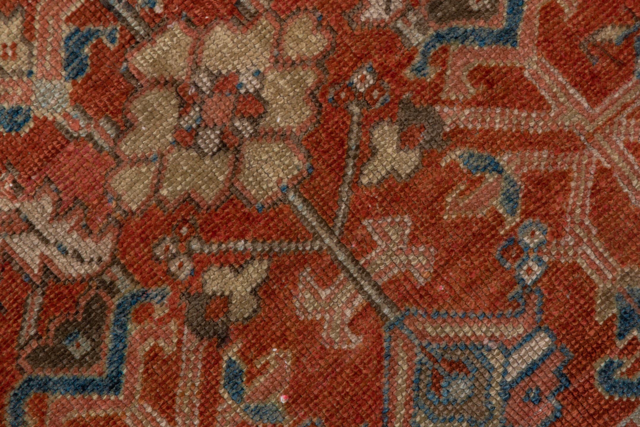 3' x 7' one-of-a-kind handmade antique Heriz rug. Color palette: rust, sky blue, ivory, taupe, slate, camel, charcoal