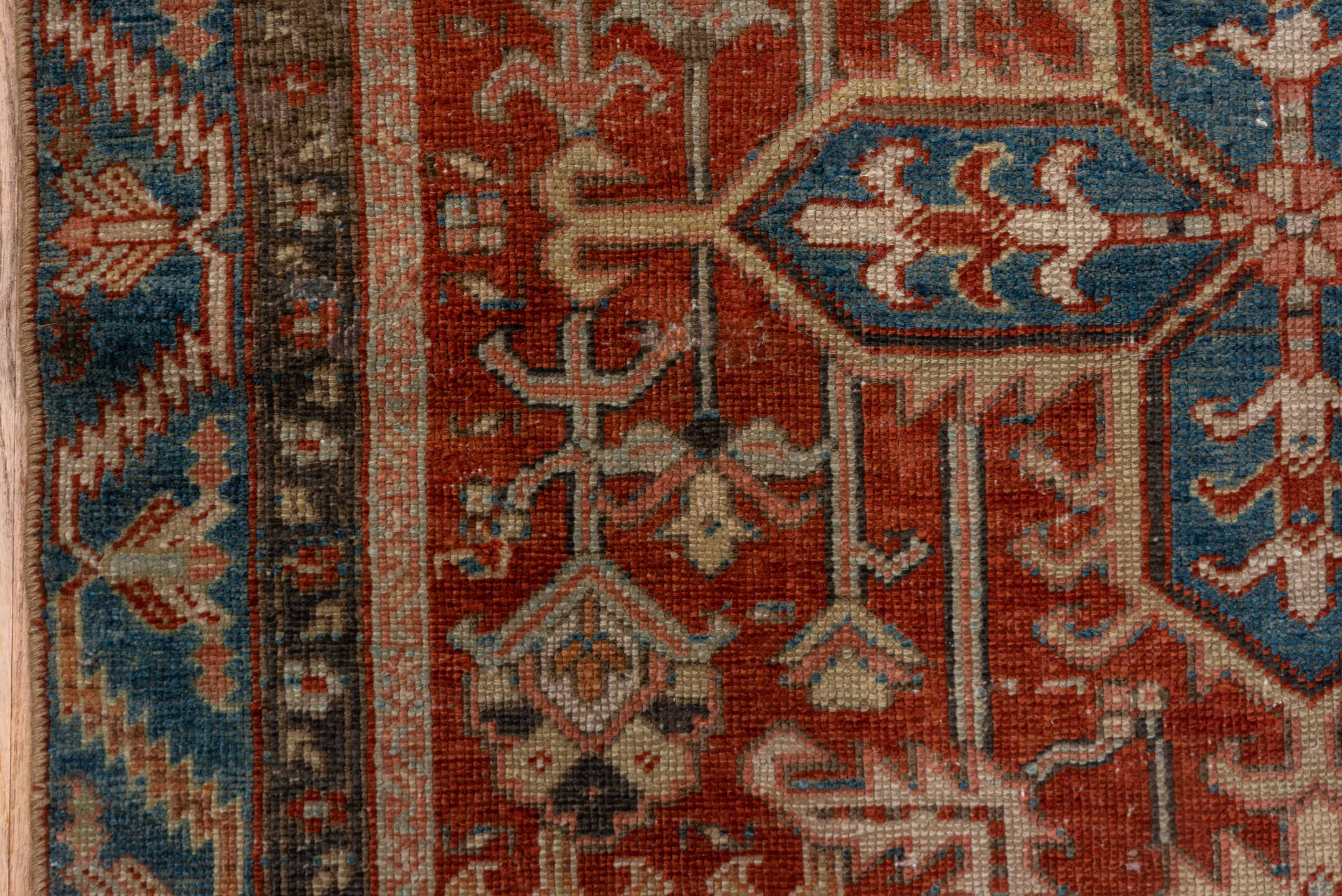 3' x 7' one-of-a-kind handmade antique Heriz rug. Color palette: rust, sky blue, ivory, taupe, slate, camel, charcoal