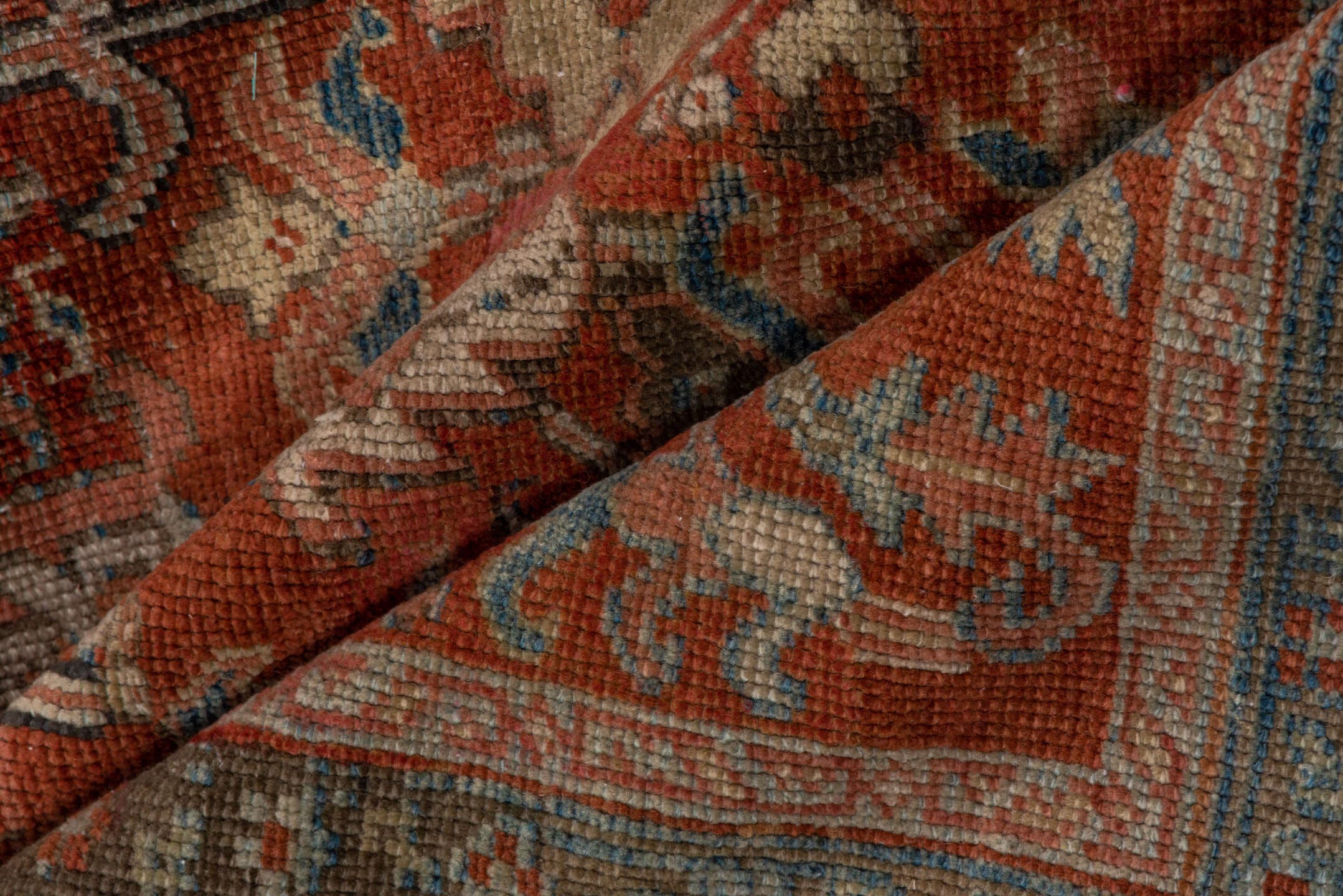 3' x 7' one-of-a-kind handmade antique Heriz rug. Color palette: rust, sky blue, ivory, taupe, slate, camel, charcoal
