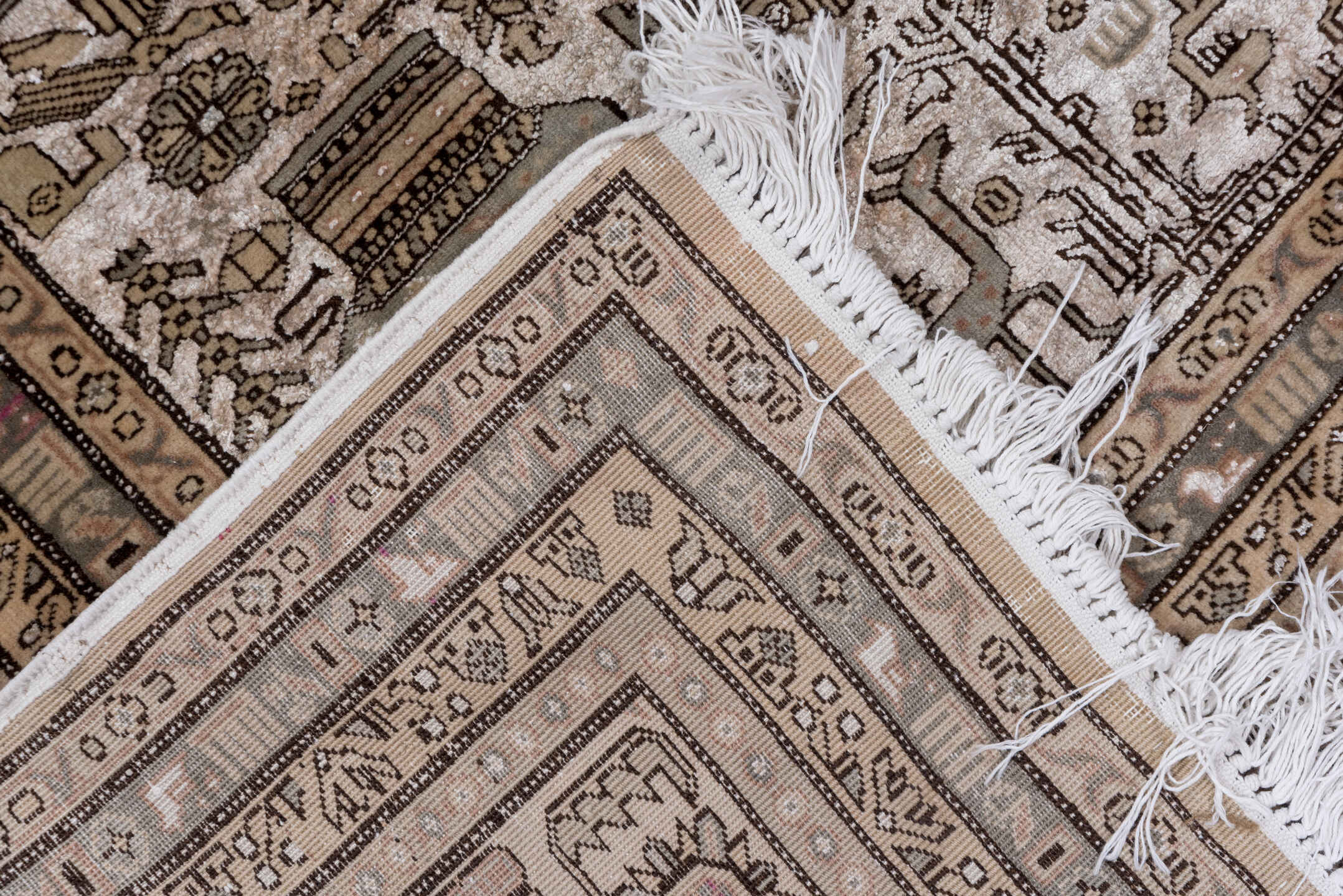 5' x 8' one-of-a-kind handmade antique Kaisary medium size rug. Color palette: taupe, ivory, brown, camel, beige, charcoal