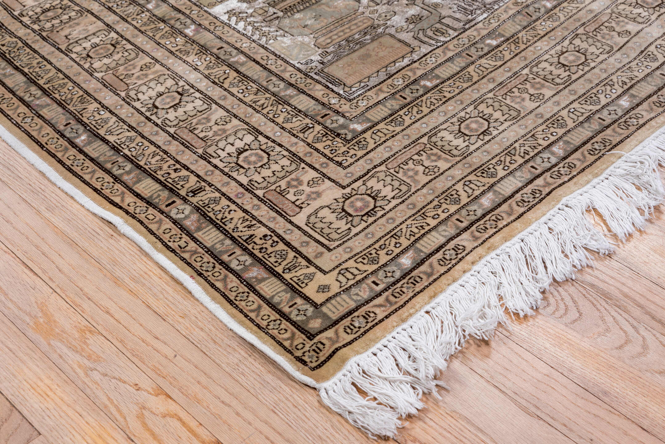5' x 8' one-of-a-kind handmade antique Kaisary medium size rug. Color palette: taupe, ivory, brown, camel, beige, charcoal