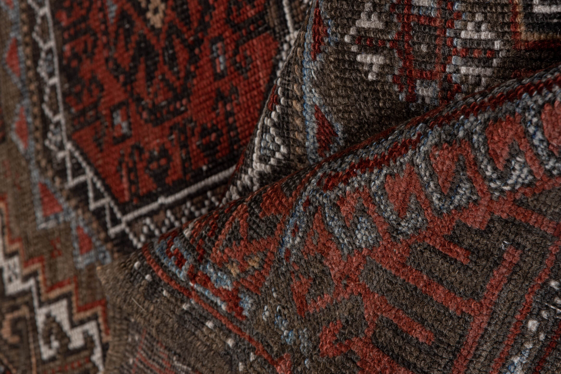 3' x 6' one-of-a-kind handmade vintage Belouch small size rug. Color palette: rust, brown, mahogany, ivory, charcoal, taupe