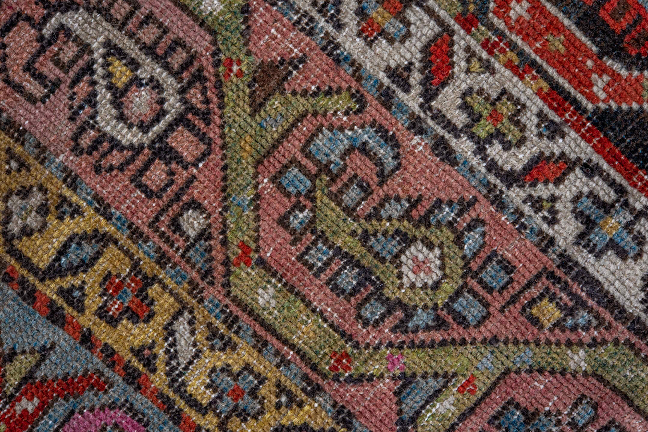 3' x 6' one-of-a-kind handmade antique Caucasian small size rug. Color palette: rust, ivory, camel, sky_blue, rose, slate