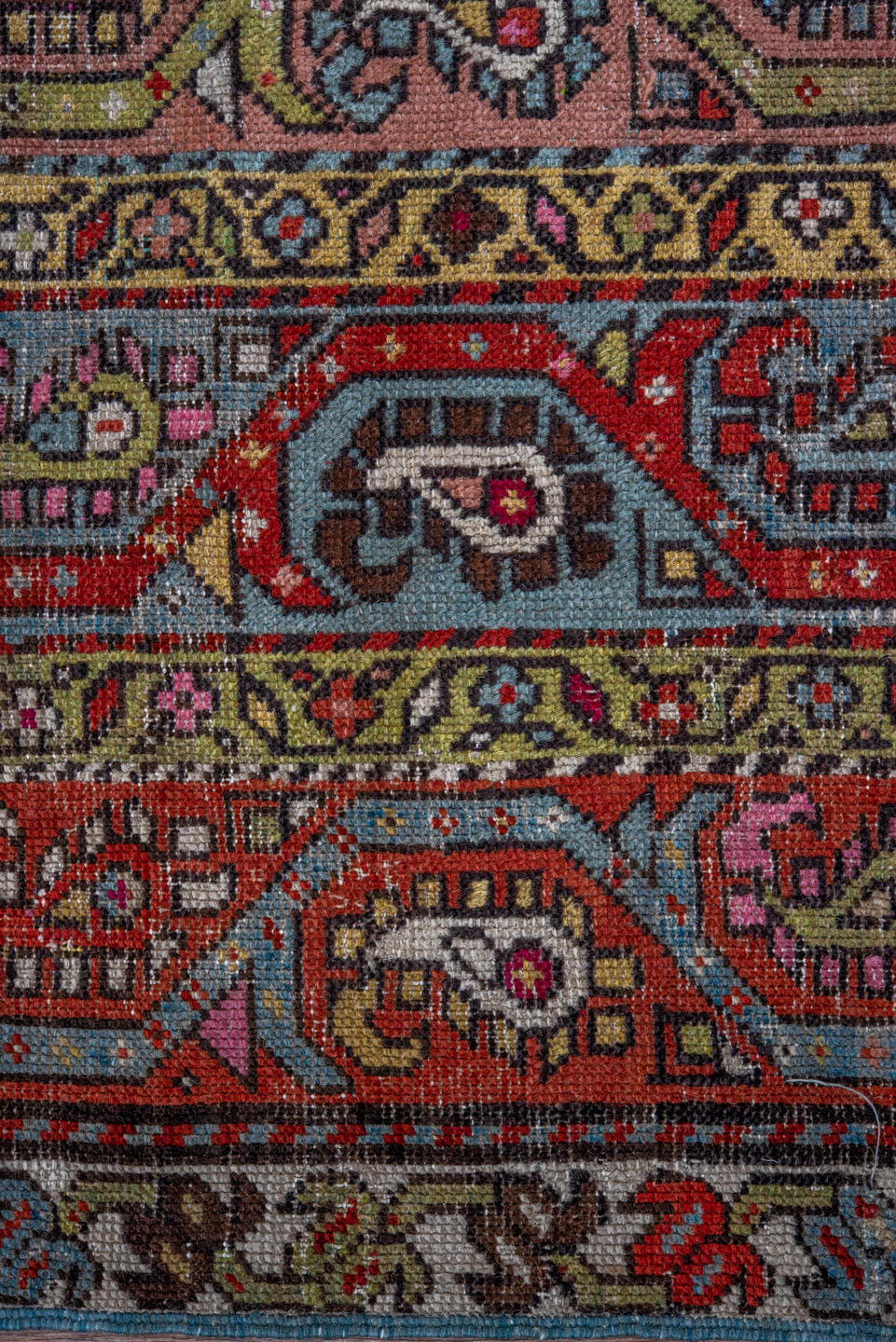 3' x 6' one-of-a-kind handmade antique Caucasian small size rug. Color palette: rust, ivory, camel, sky_blue, rose, slate
