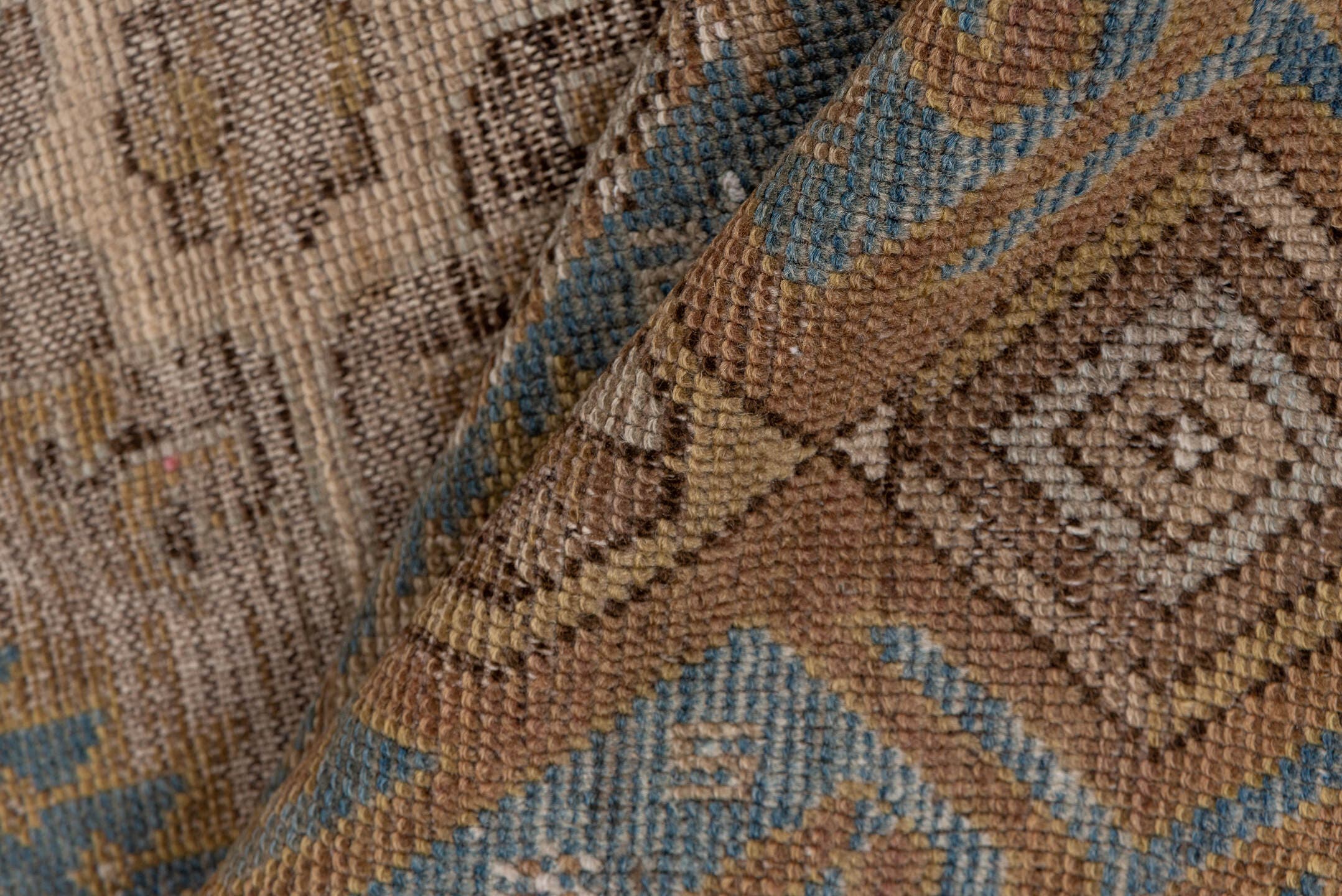 3' x 4' one-of-a-kind handmade antique Shirvan small size rug. Color palette: brown, blue, taupe, ivory, camel, slate, beige