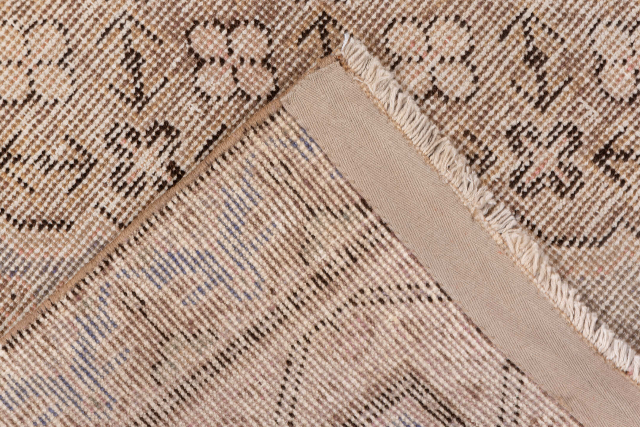 4' x 7' one-of-a-kind handmade vintage Khotan rug. Color palette: brown, gray, light gray, off-white, orange, pink, snow