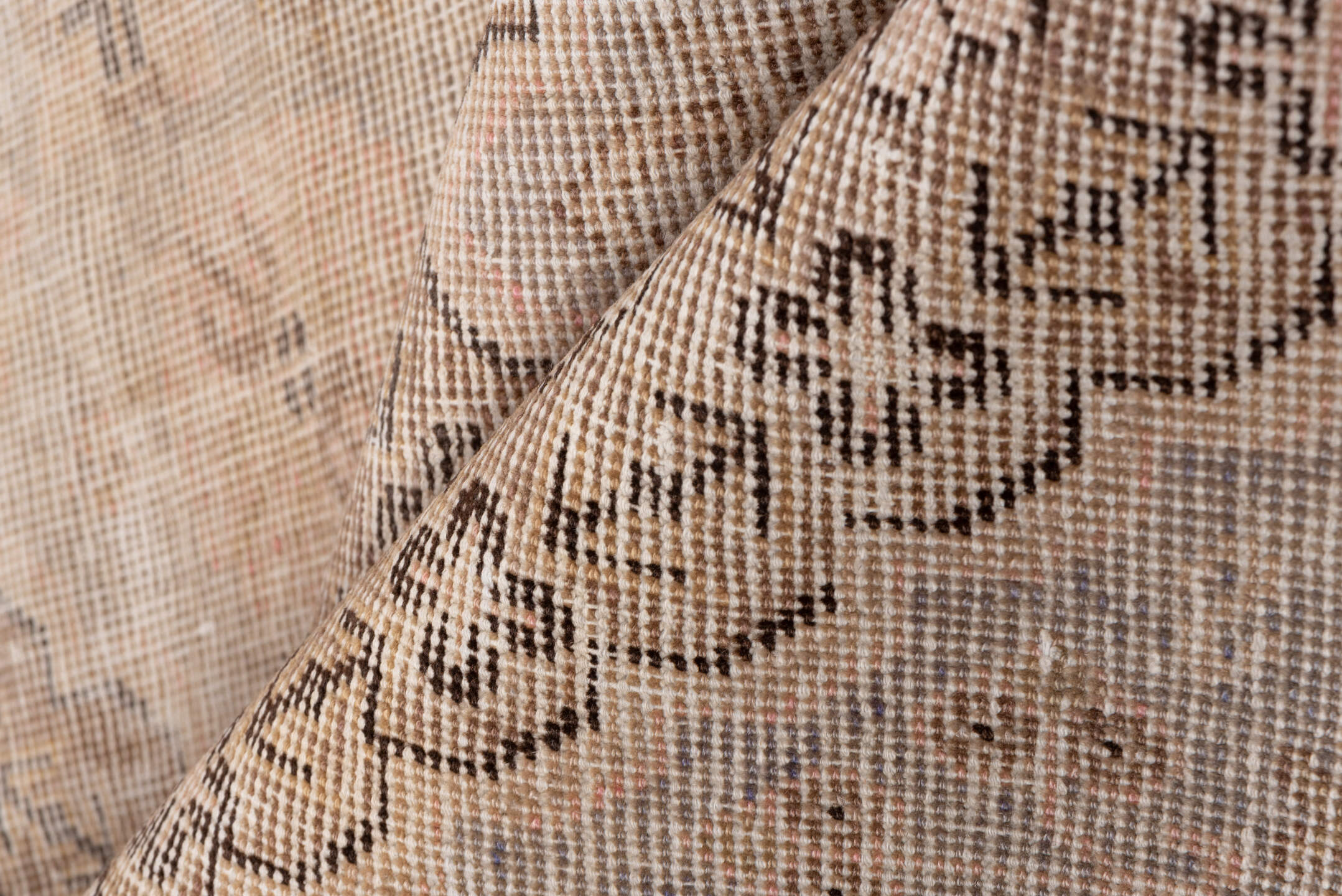 4' x 7' one-of-a-kind handmade vintage Khotan rug. Color palette: brown, gray, light gray, off-white, orange, pink, snow