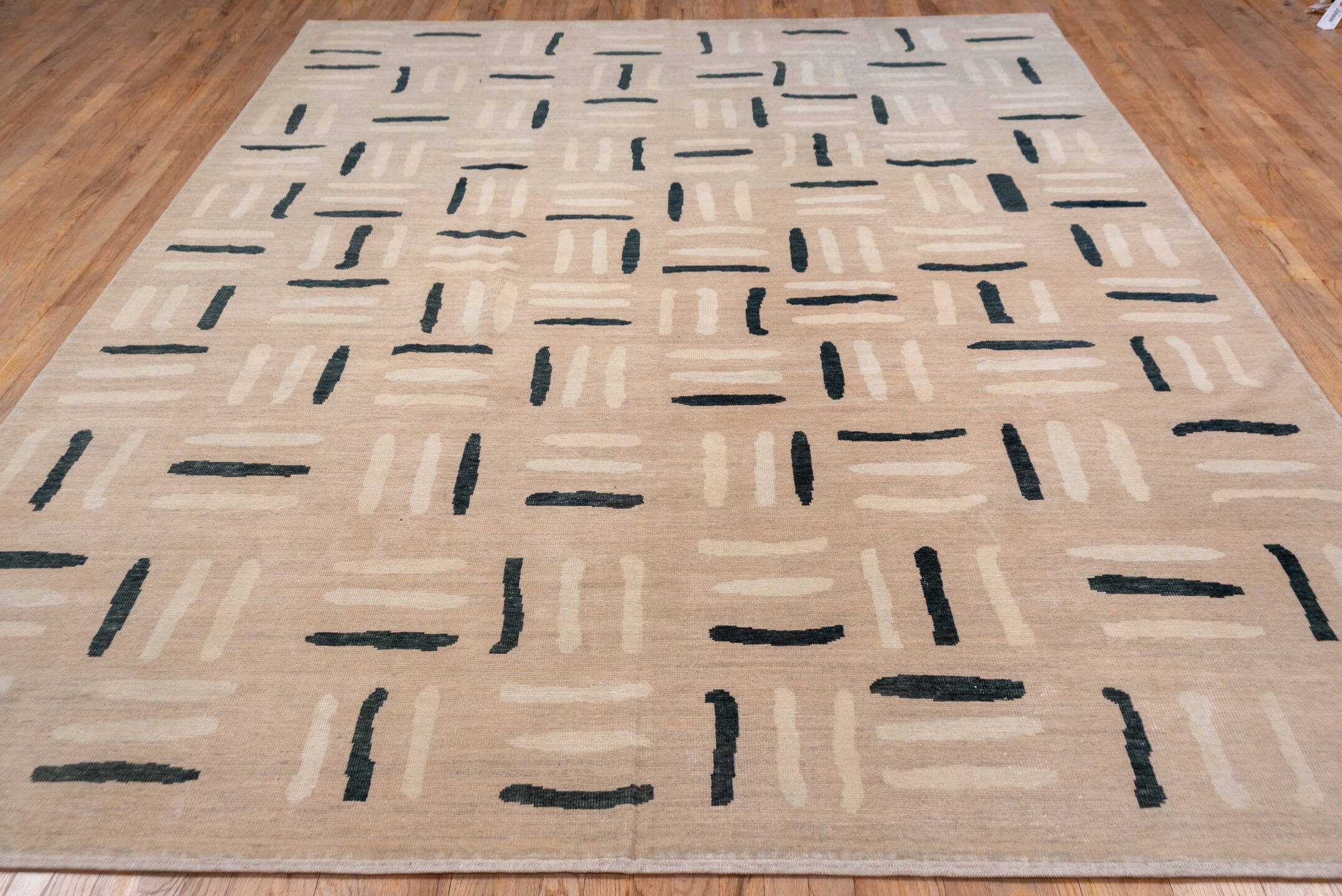 8' x 12' one-of-a-kind handmade vintage Modern large size rug. Color palette: black, blue, brown, charcoal, dim gray, gray