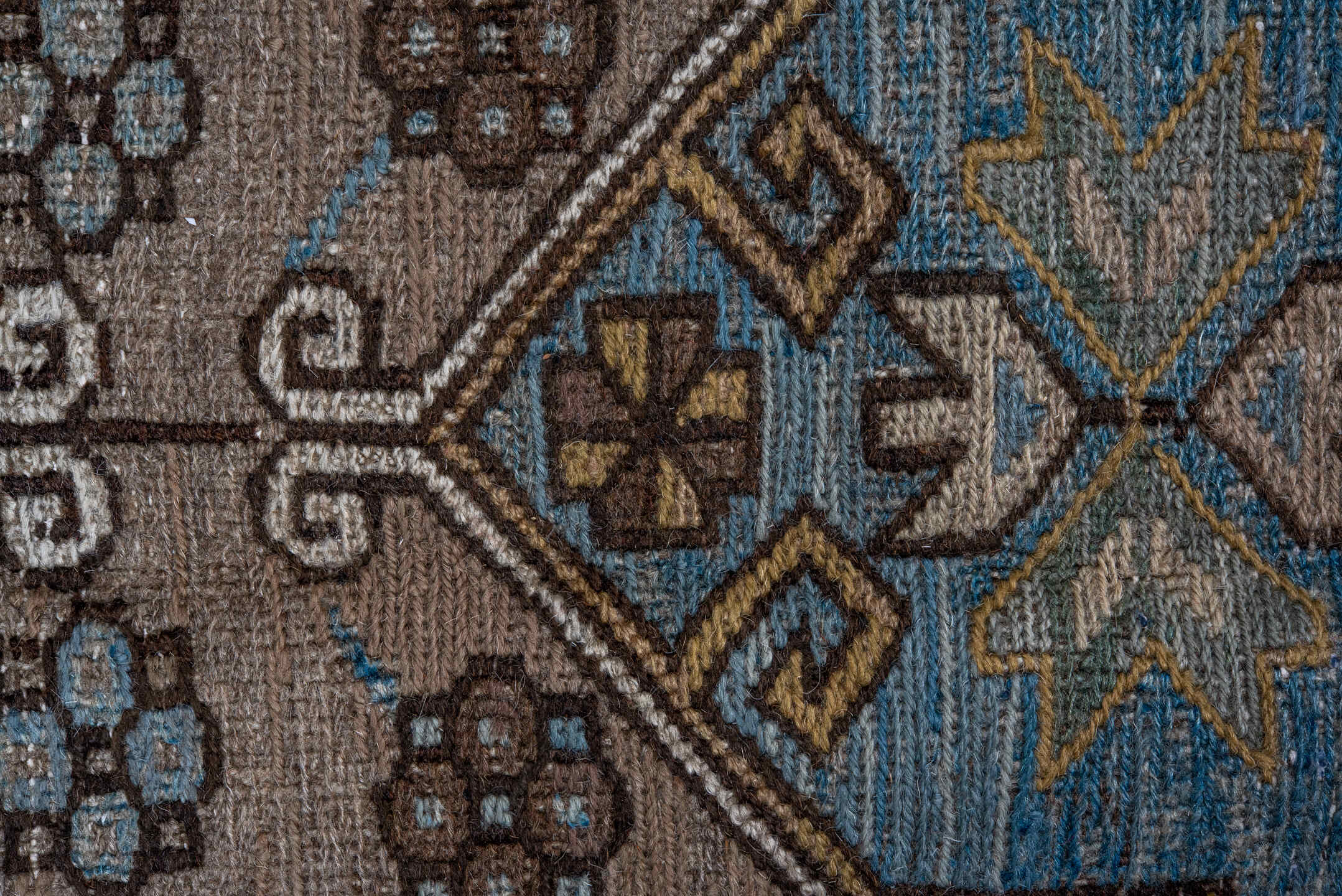 7' x 11' one-of-a-kind handmade antique Sumak large size rug. Color palette: taupe, brown, sky_blue, ivory, camel, charcoal
