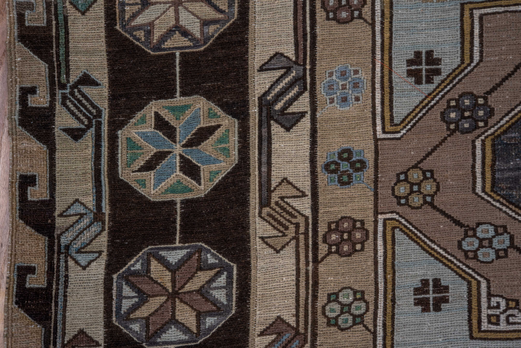 7' x 11' one-of-a-kind handmade antique Sumak large size rug. Color palette: taupe, brown, sky_blue, ivory, camel, charcoal