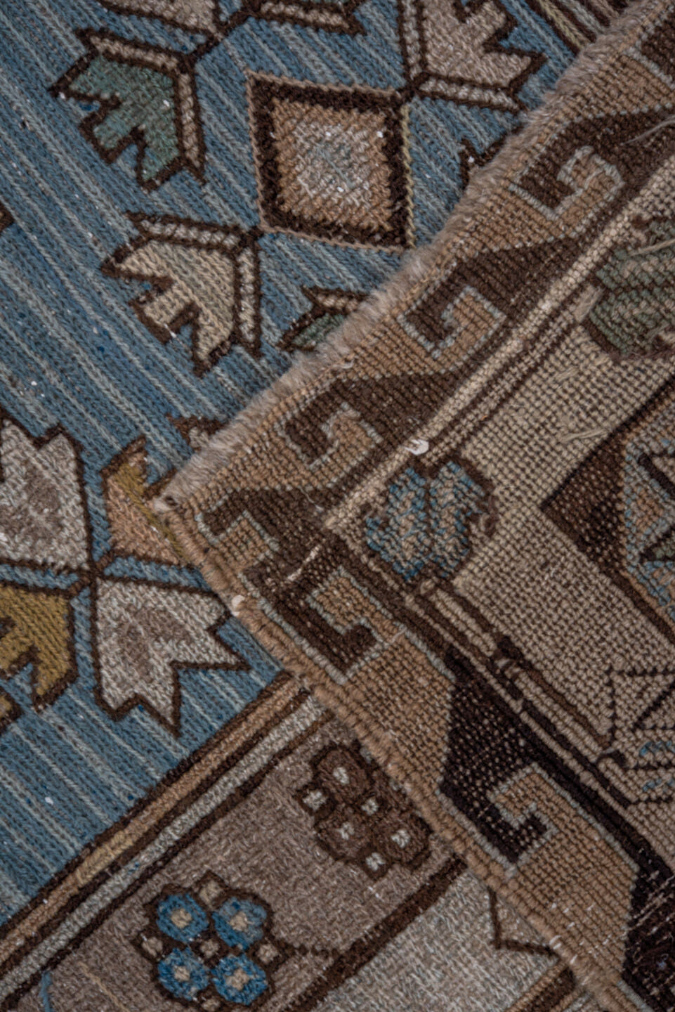 7' x 11' one-of-a-kind handmade antique Sumak large size rug. Color palette: taupe, brown, sky_blue, ivory, camel, charcoal