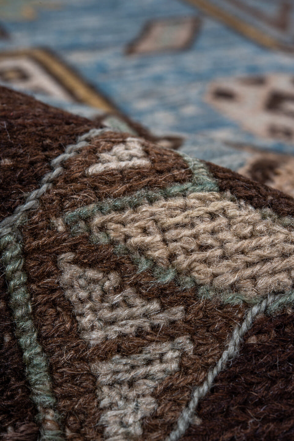 7' x 11' one-of-a-kind handmade antique Sumak large size rug. Color palette: taupe, brown, sky_blue, ivory, camel, charcoal