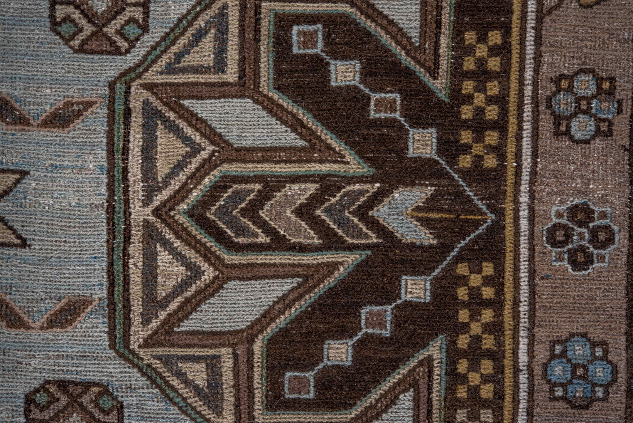 7' x 11' one-of-a-kind handmade antique Sumak large size rug. Color palette: taupe, brown, sky_blue, ivory, camel, charcoal