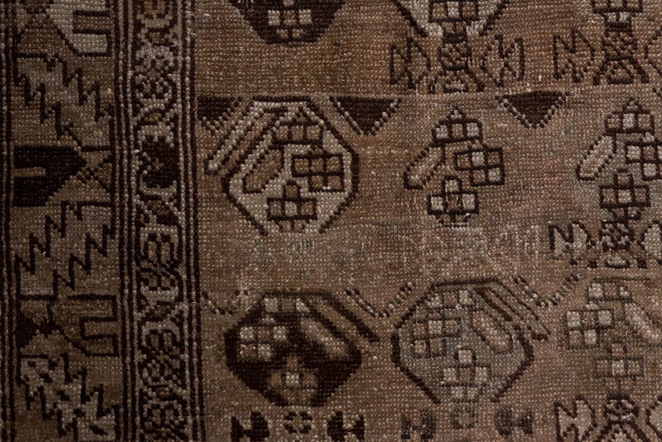 3' x 13' one-of-a-kind handmade vintage NW Persian runner rug. Color palette: brown, off-white, pink, snow, white