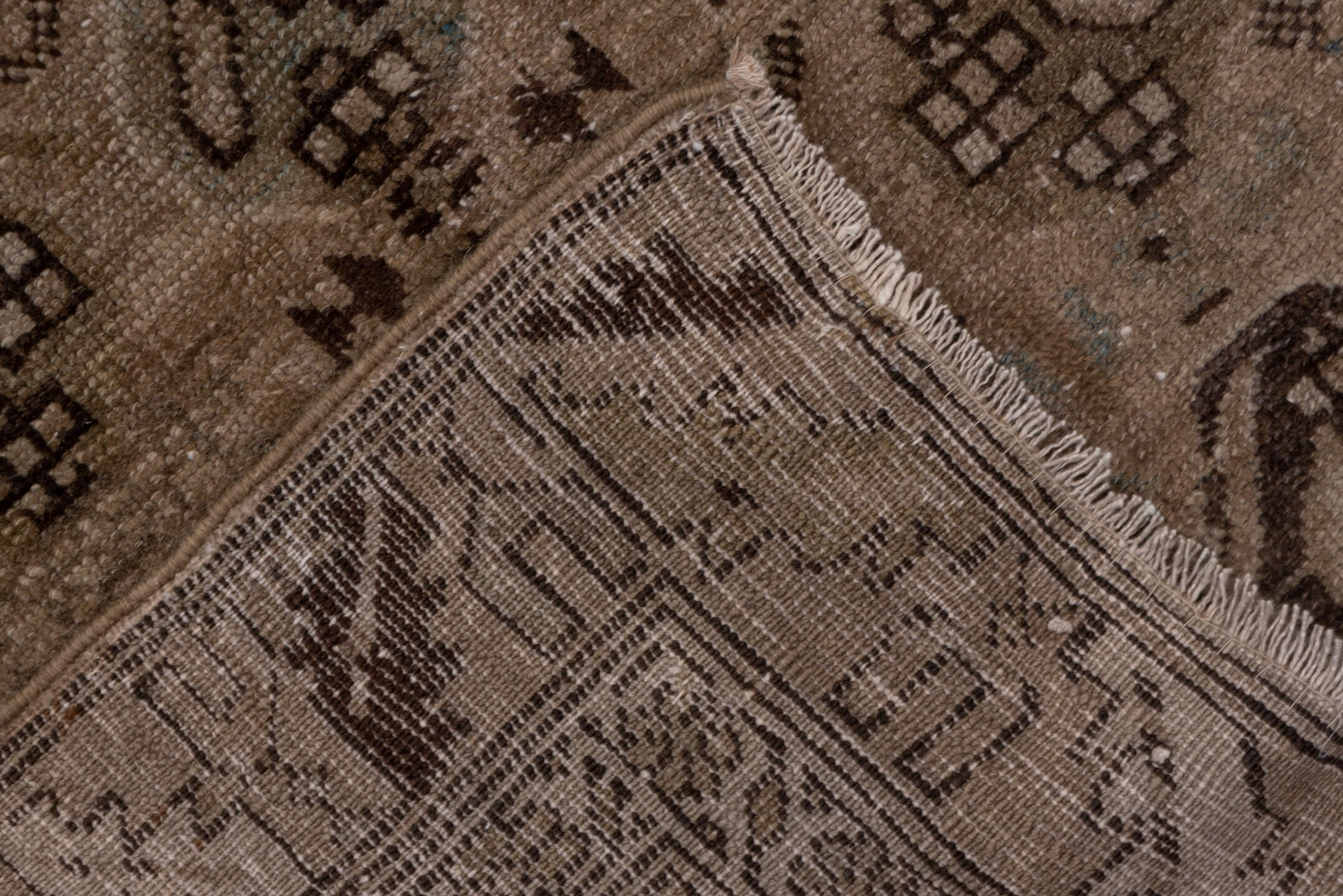 3' x 13' one-of-a-kind handmade antique NW Persian runner rug. Color palette: taupe, brown, charcoal, camel, beige, gray