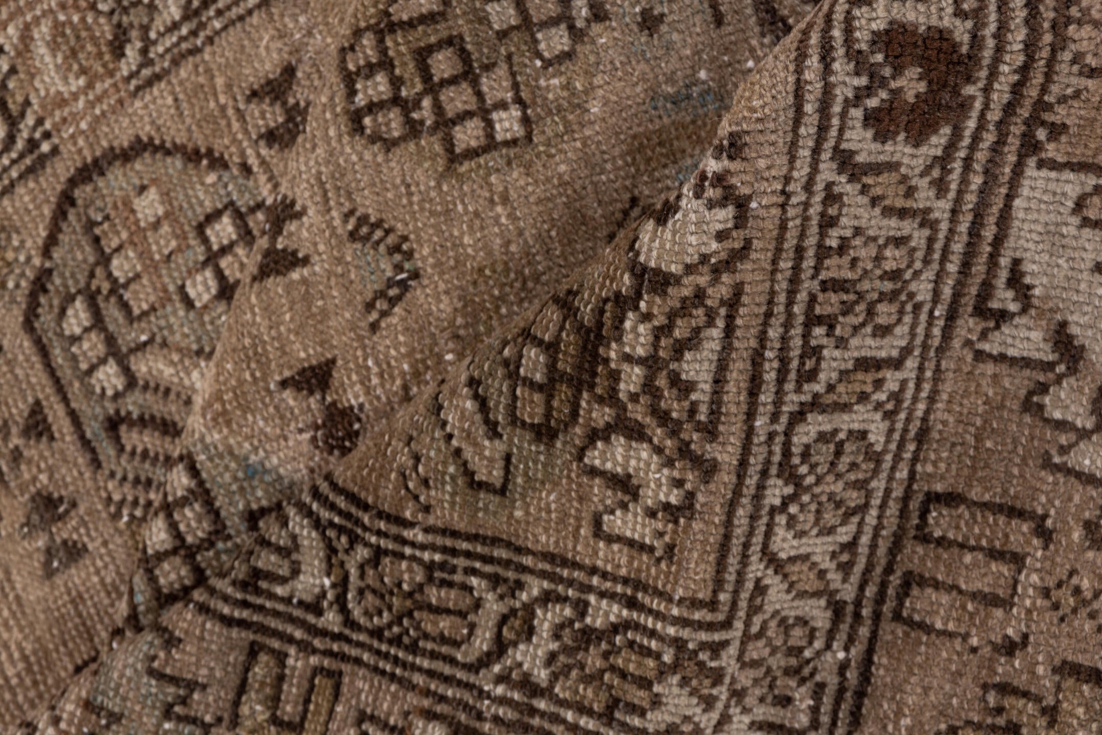 3' x 13' one-of-a-kind handmade vintage NW Persian runner rug. Color palette: brown, off-white, pink, snow, white