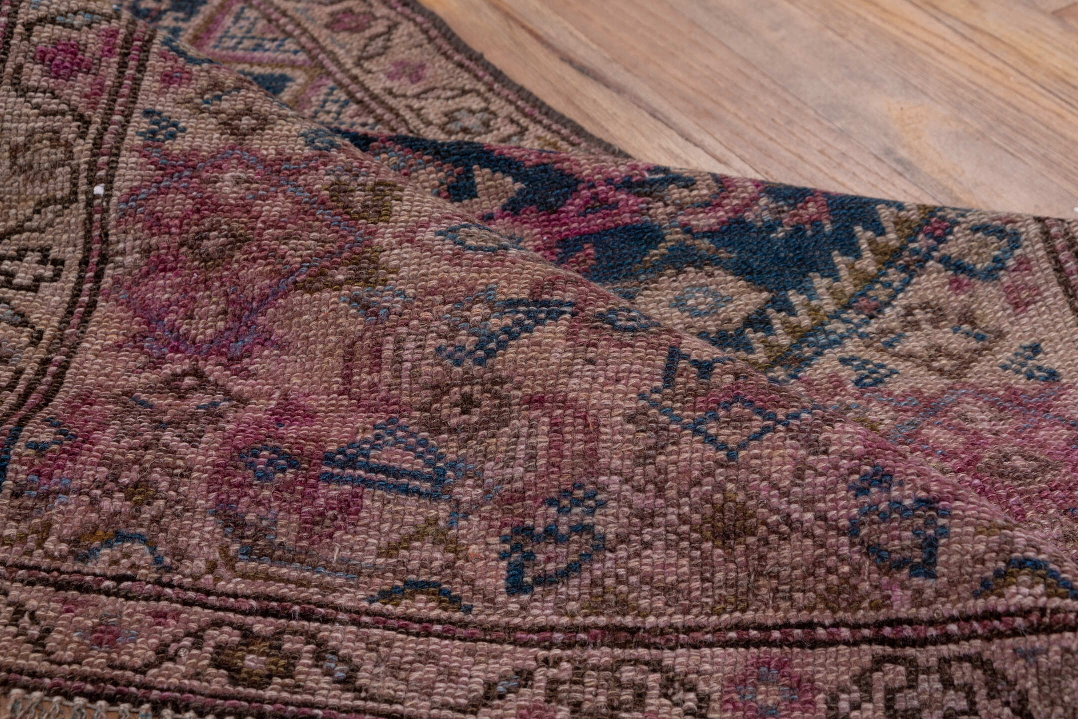 2' x 16' one-of-a-kind handmade vintage NW Persian runner rug. Color palette: brown, dim gray, gray, off-white, pink, snow