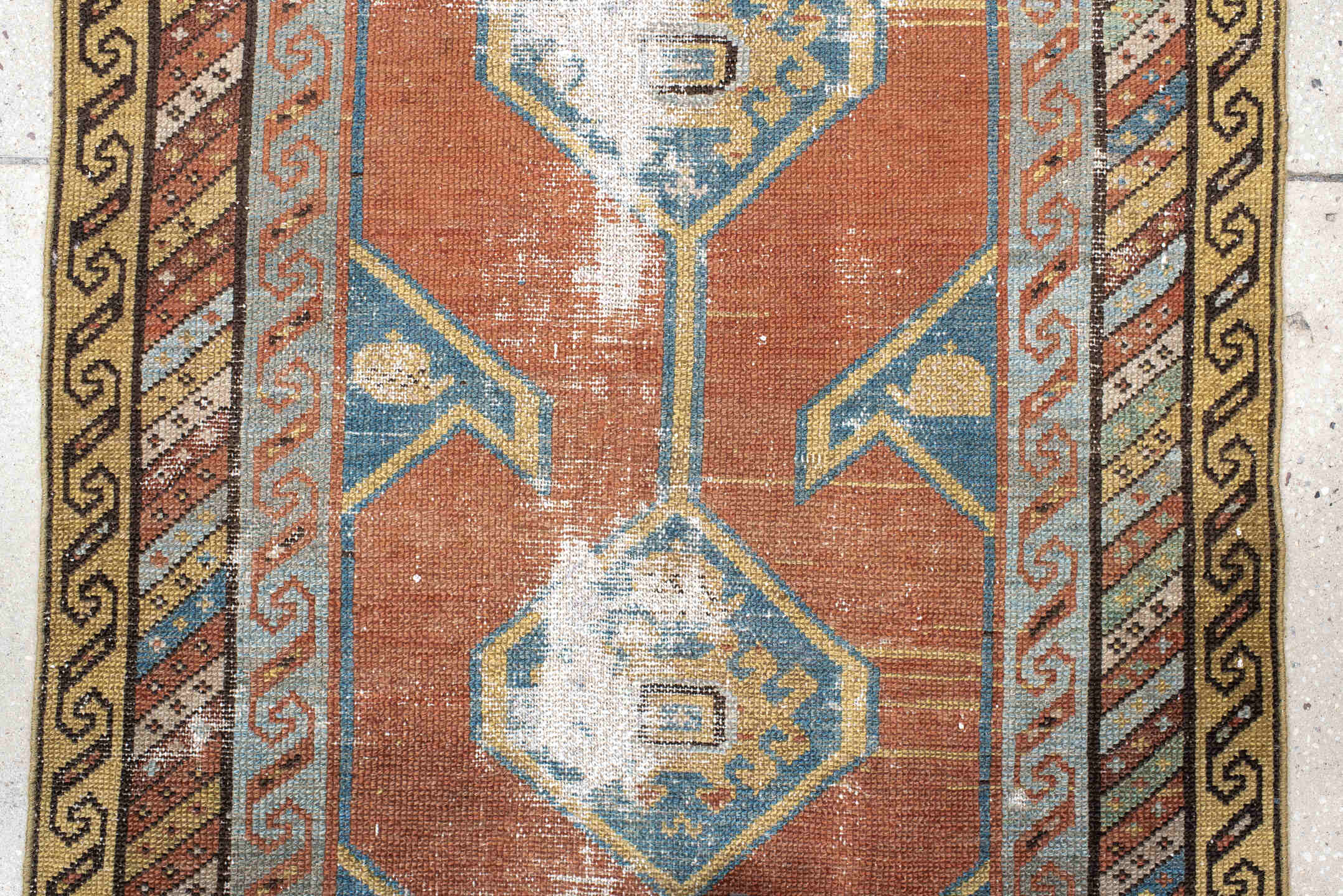 2' x 10' one-of-a-kind handmade antique NW Persian runner rug. Color palette: terra cotta, blue, ivory, camel, taupe, sage