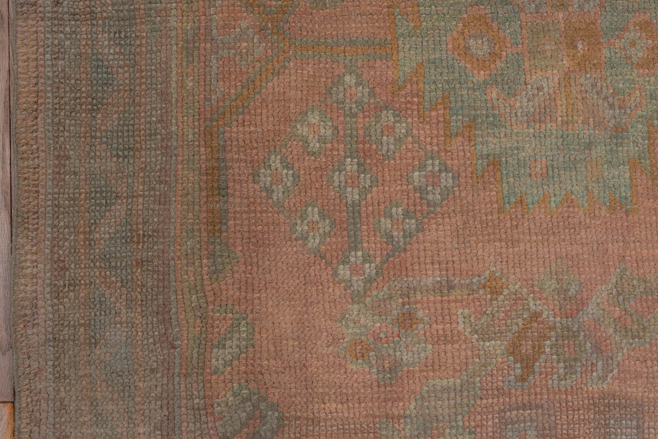 3' x 6' one-of-a-kind handmade antique Oushak small size rug. Color palette: rose, taupe, sage, ivory, ochre, terra cotta