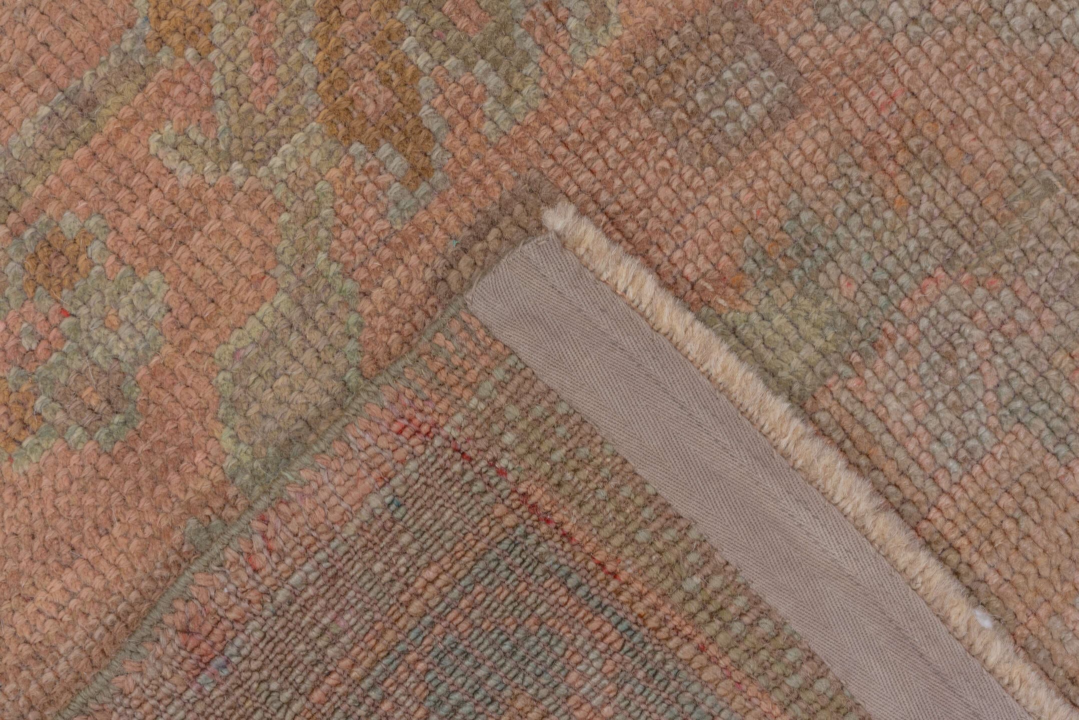 3' x 6' one-of-a-kind handmade antique Oushak small size rug. Color palette: rose, taupe, sage, ivory, ochre, terra cotta