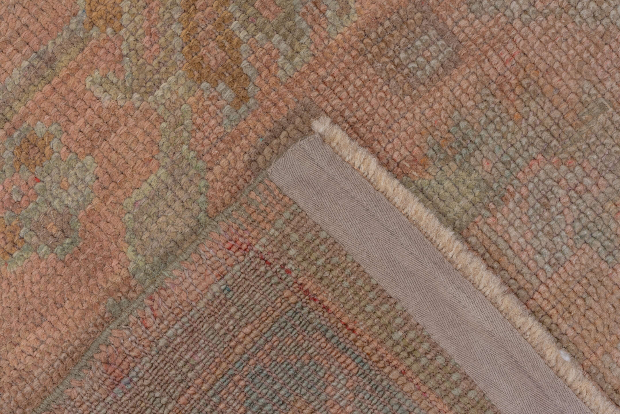 3' x 6' one-of-a-kind handmade antique Oushak small size rug. Color palette: rose, taupe, sage, ivory, ochre, terra cotta