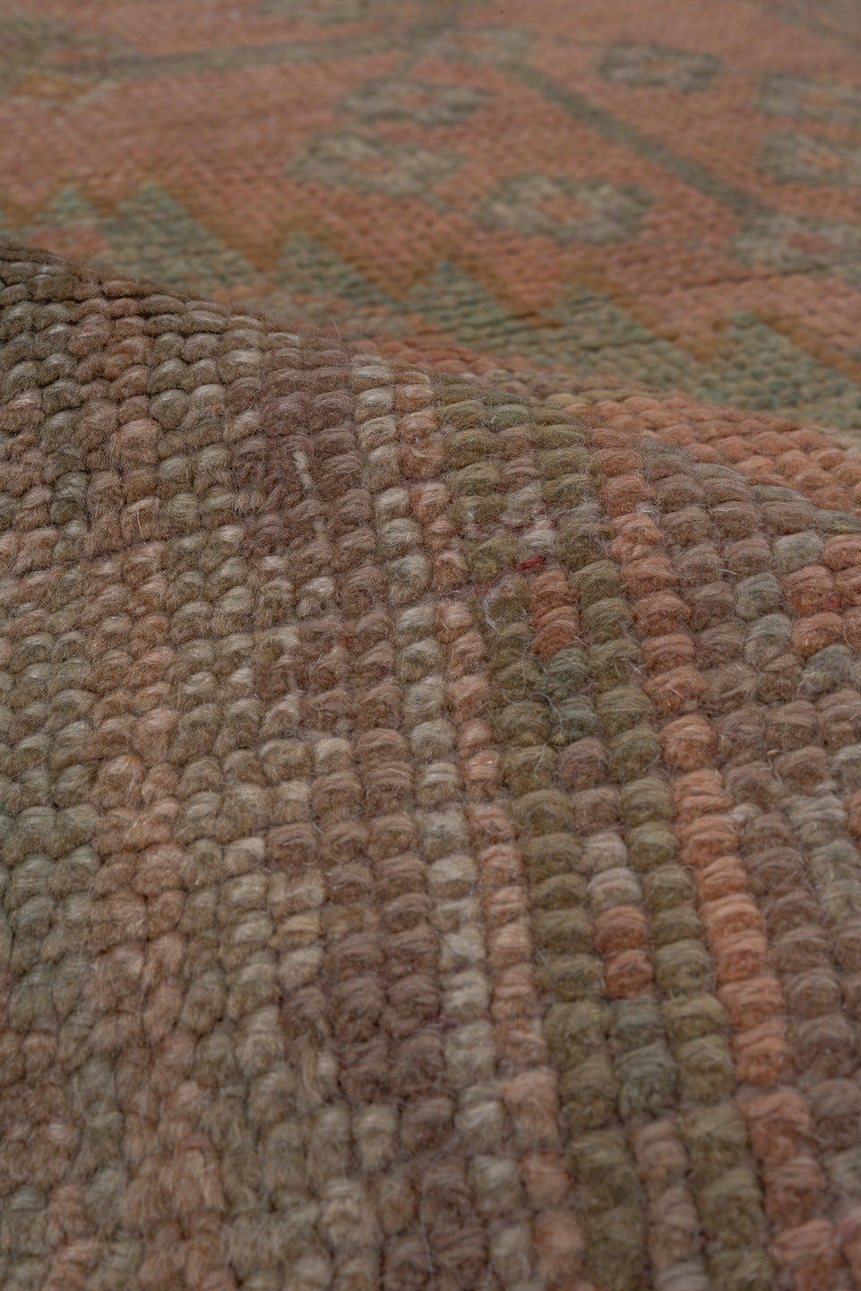 3' x 6' one-of-a-kind handmade antique Oushak small size rug. Color palette: rose, taupe, sage, ivory, ochre, terra cotta
