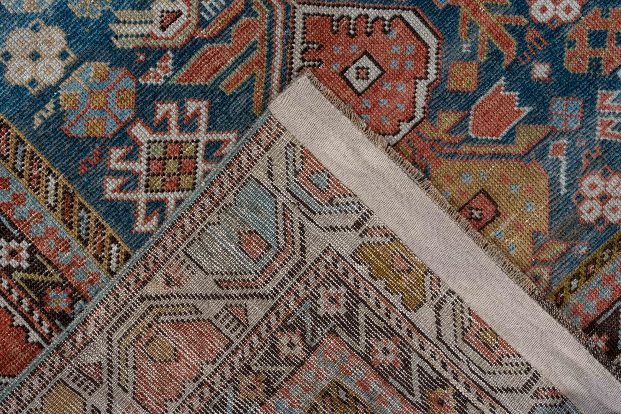 4' x 4' one-of-a-kind handmade antique Shirvan small size rug. Color palette: light blue, ivory, rust, brown, camel, navy