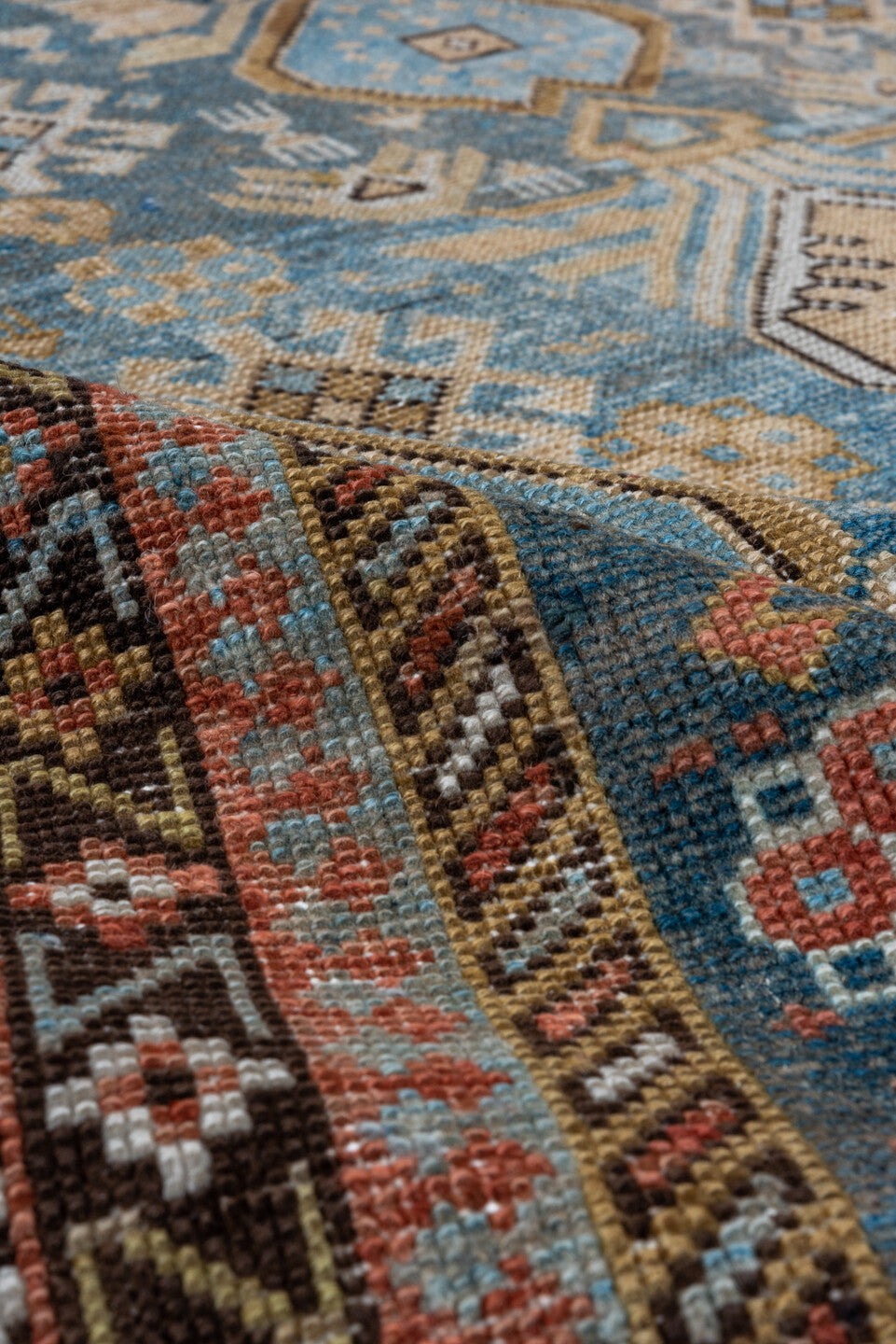 4' x 4' one-of-a-kind handmade antique Shirvan small size rug. Color palette: light blue, ivory, rust, brown, camel, navy