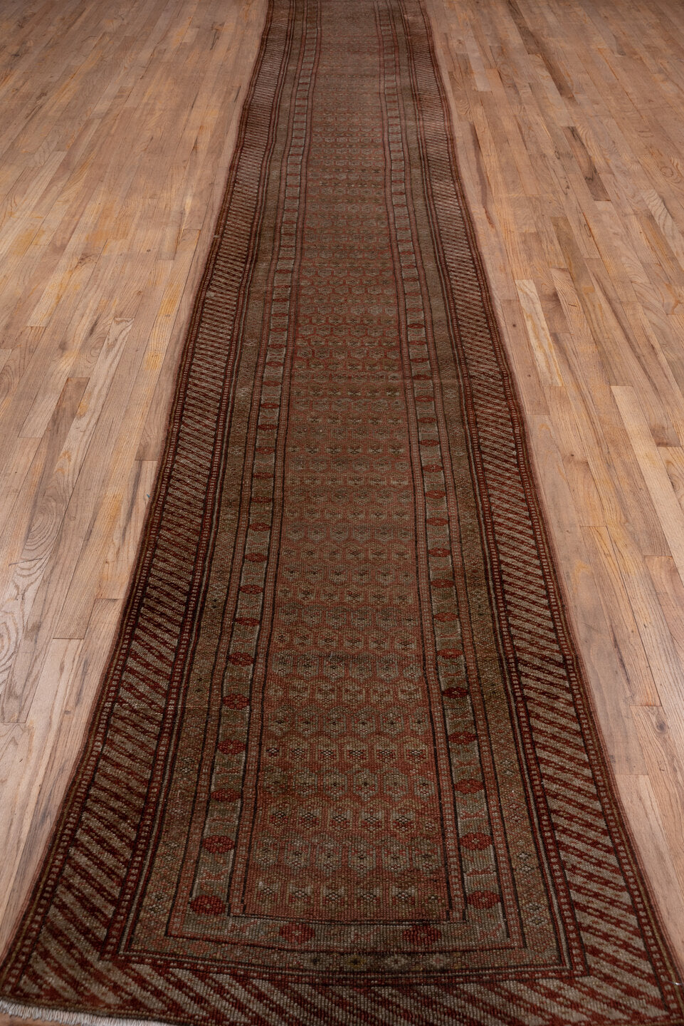 2' x 17' one-of-a-kind handmade vintage NW Persian runner rug. Color palette: brown, off-white, pink, snow, white