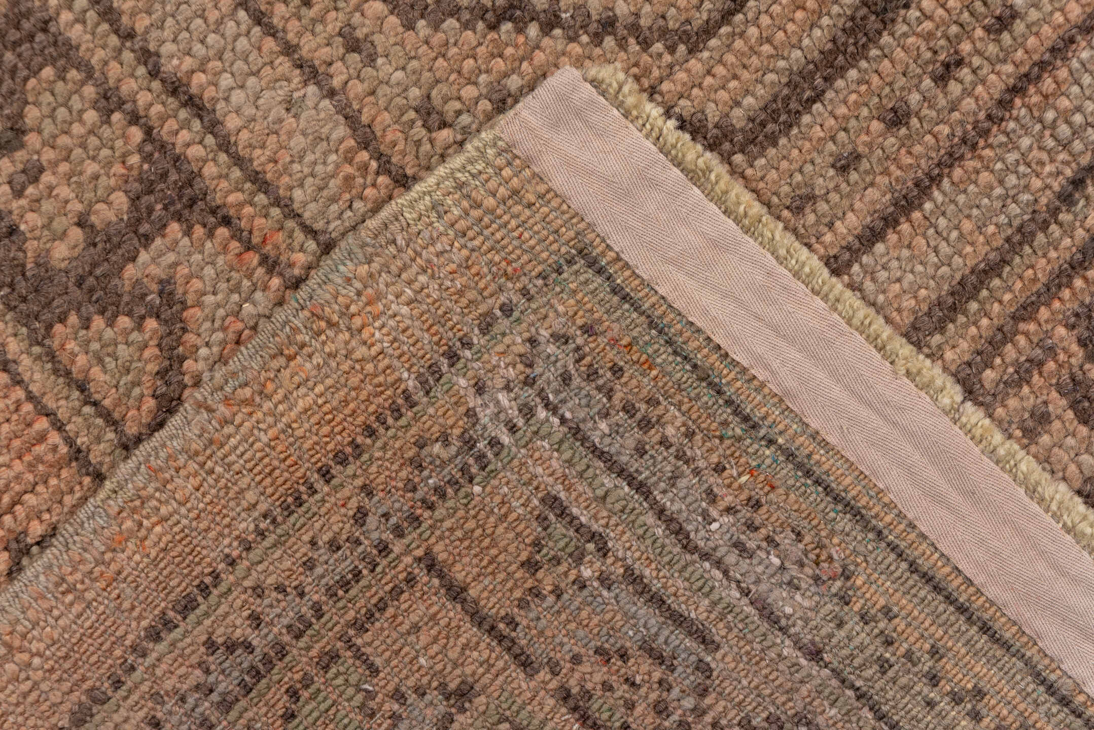 13' x 17' one-of-a-kind handmade antique Oushak oversize rug. Color palette: taupe, blush, brown, camel, rose, charcoal