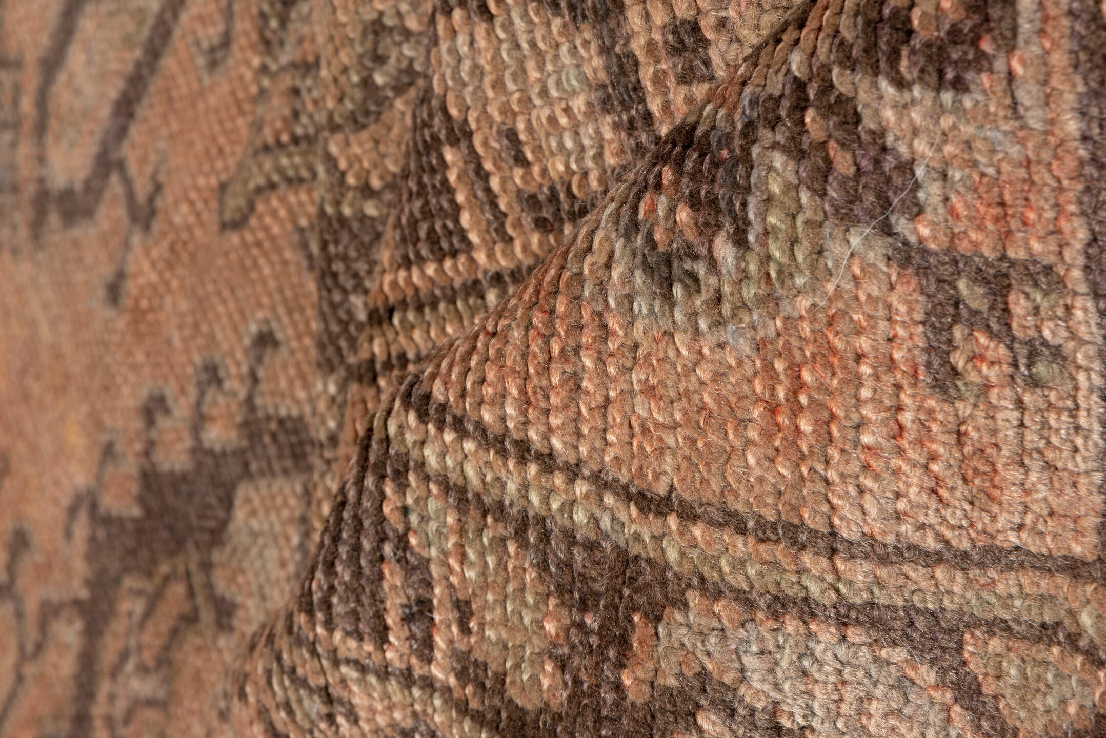 13' x 17' one-of-a-kind handmade antique Oushak oversize rug. Color palette: taupe, blush, brown, camel, rose, charcoal
