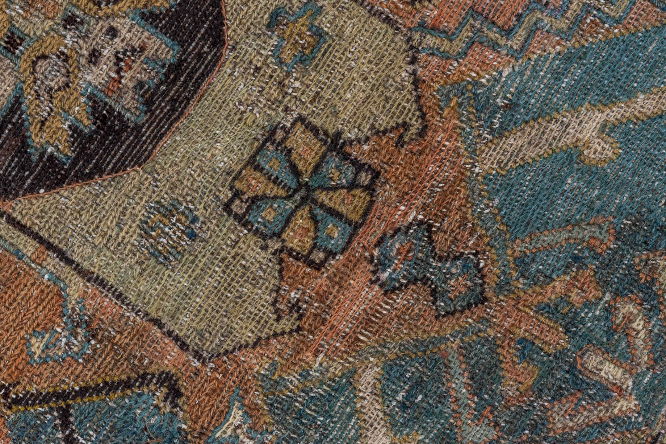 5' x 10' one-of-a-kind handmade antique Sumak medium size rug. Color palette: sky blue, ivory, rust, slate, camel, charcoal