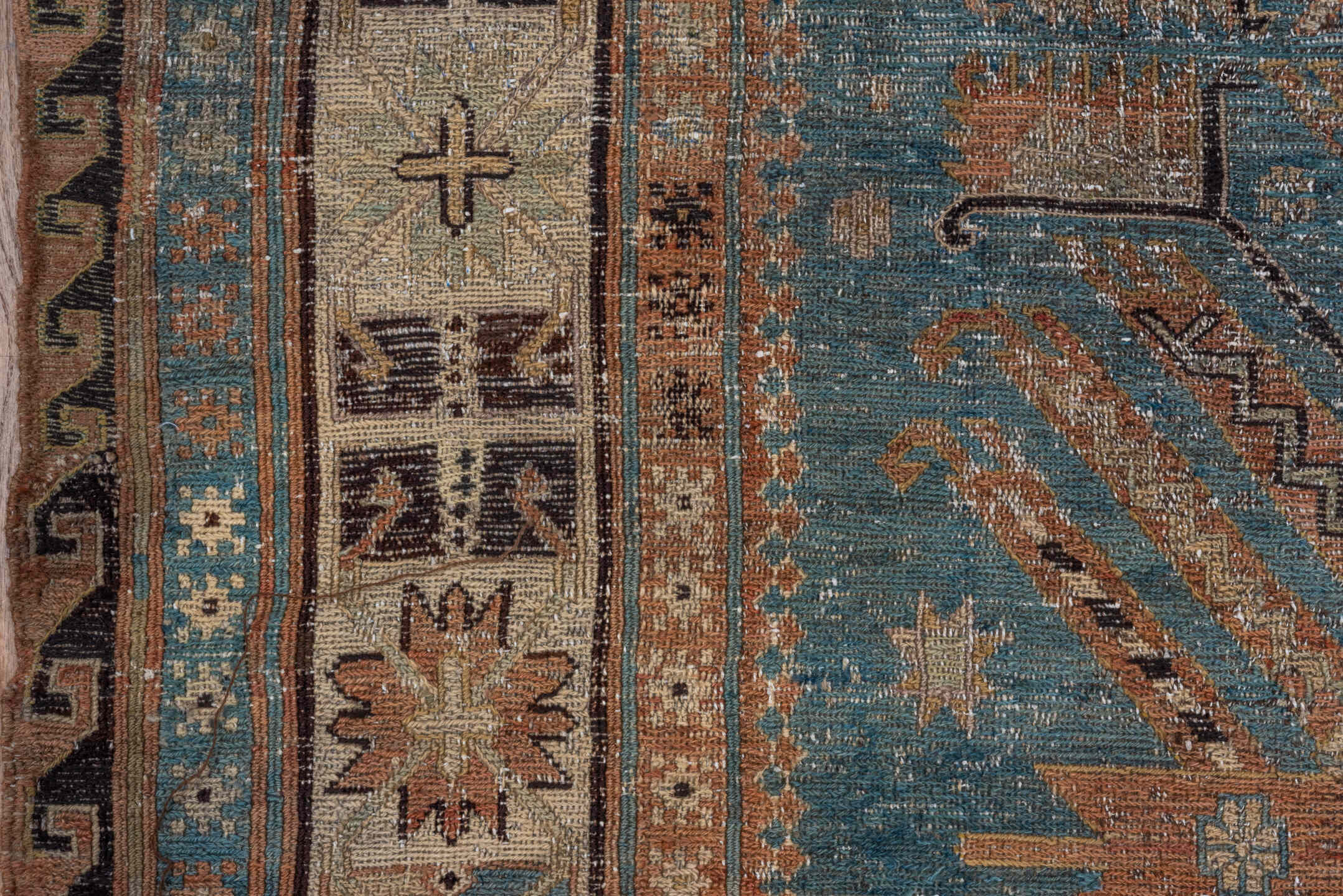 5' x 10' one-of-a-kind handmade antique Sumak medium size rug. Color palette: sky blue, ivory, rust, slate, camel, charcoal