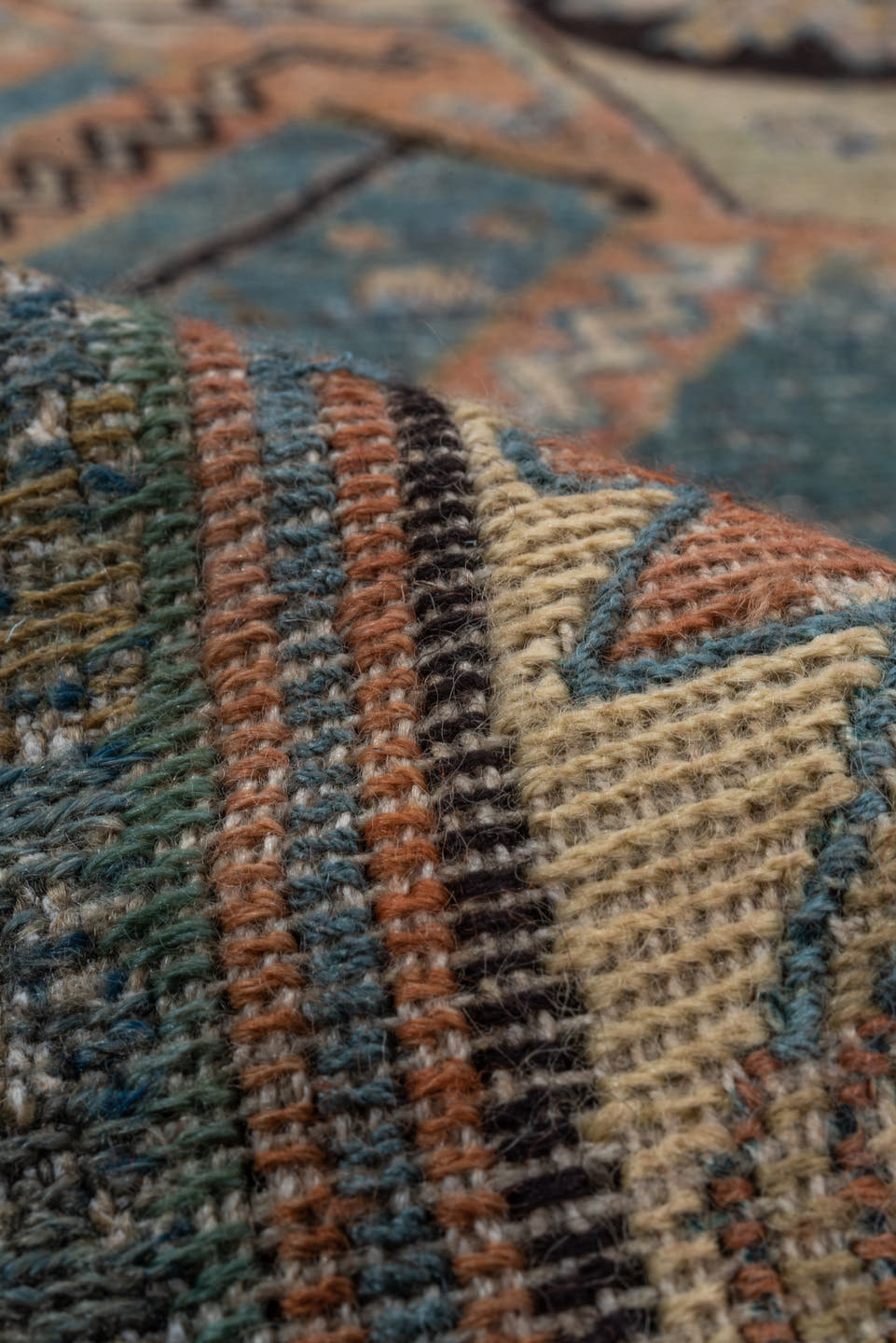 5' x 10' one-of-a-kind handmade antique Sumak medium size rug. Color palette: sky blue, ivory, rust, slate, camel, charcoal