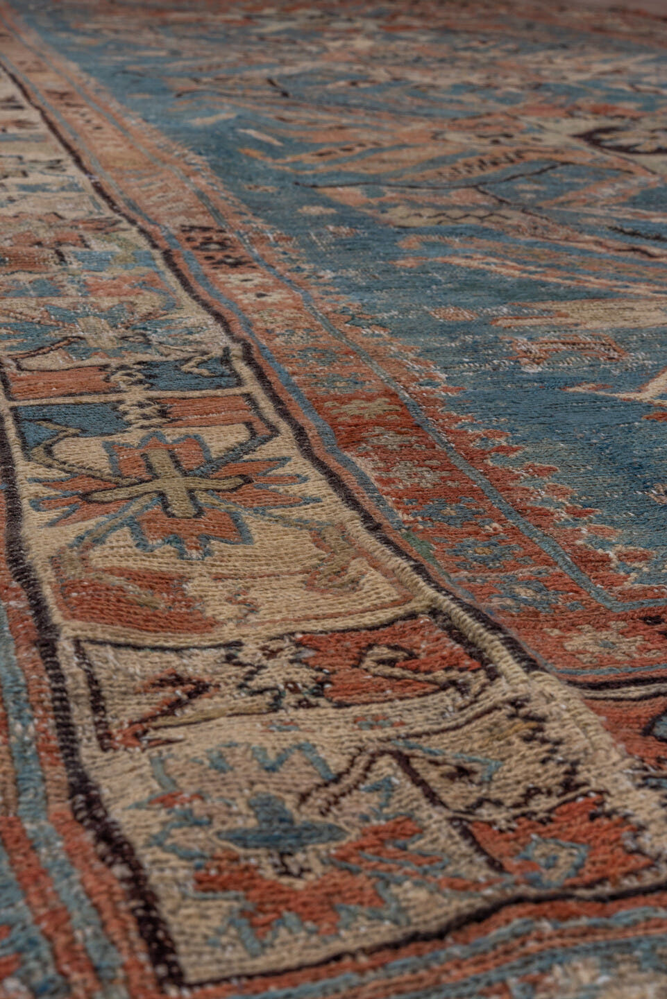 5' x 10' one-of-a-kind handmade antique Sumak medium size rug. Color palette: sky blue, ivory, rust, slate, camel, charcoal