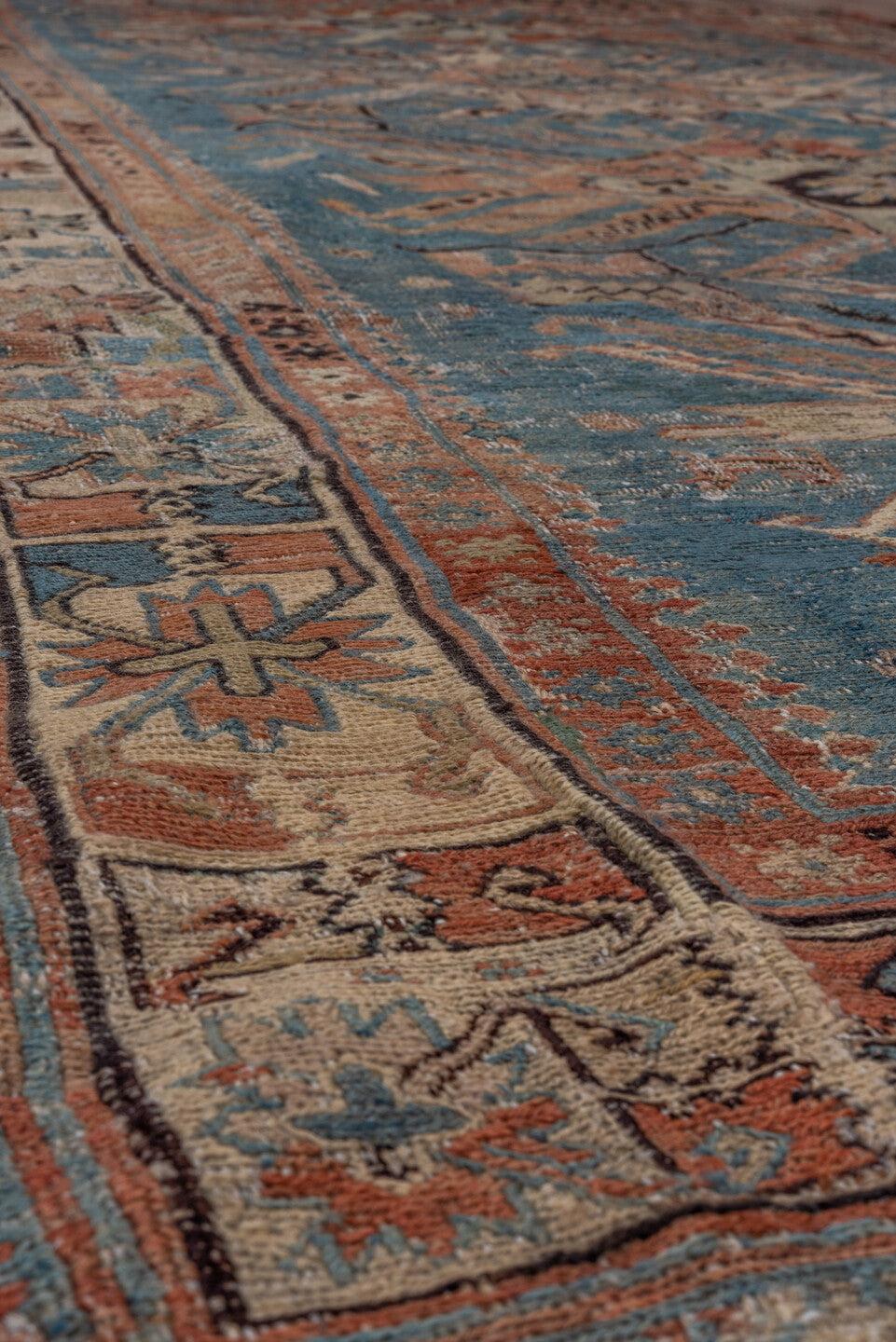 5' x 10' one-of-a-kind handmade antique Sumak medium size rug. Color palette: sky blue, ivory, rust, slate, camel, charcoal