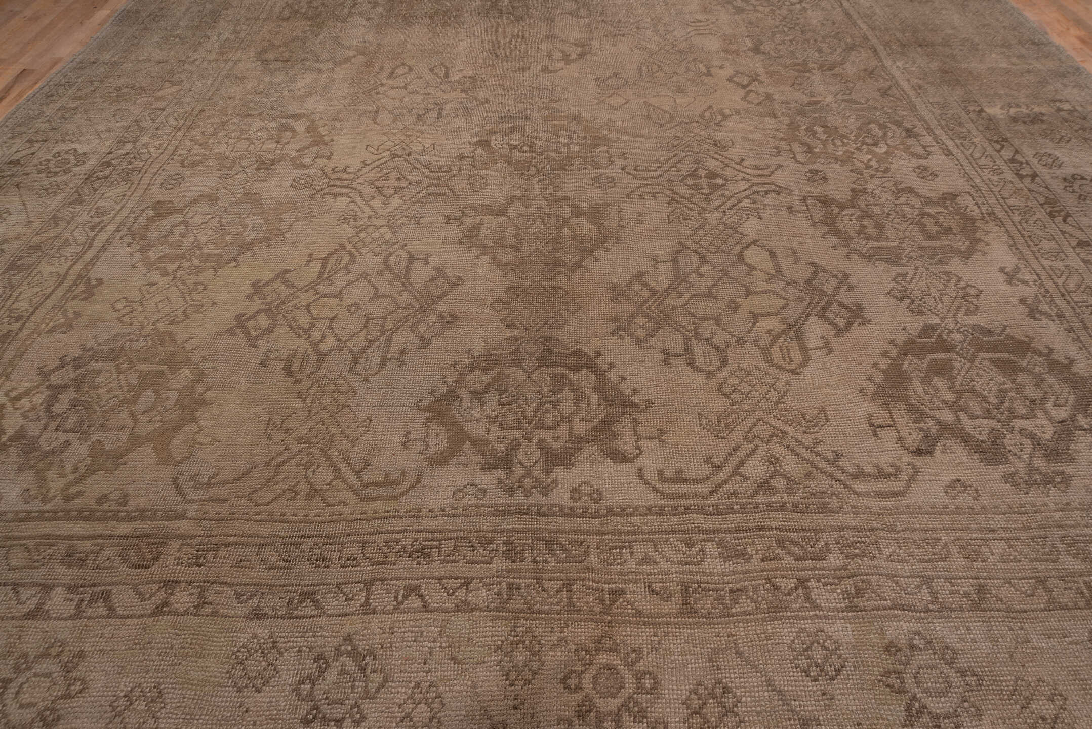 13' x 17' one-of-a-kind handmade antique Oushak oversize rug. Color palette: taupe, beige, camel, brown, ivory, gray