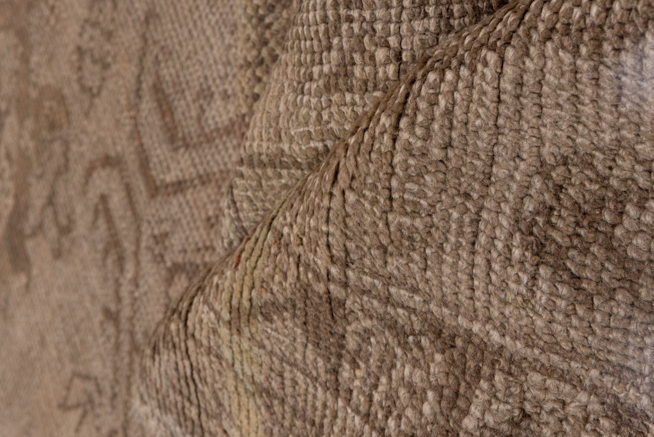 13' x 17' one-of-a-kind handmade antique Oushak oversize rug. Color palette: taupe, beige, camel, brown, ivory, gray