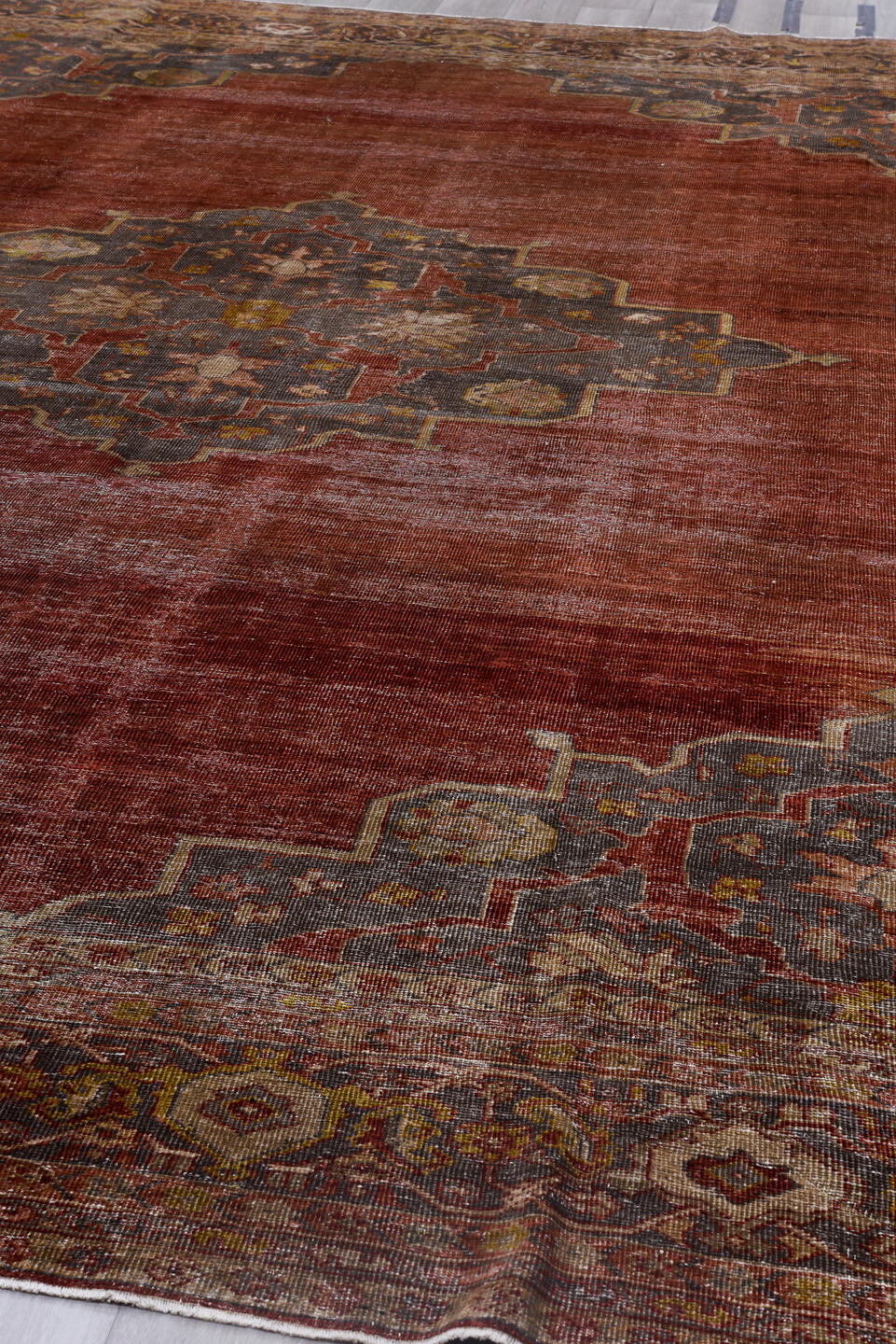 10' x 14' one-of-a-kind handmade antique Mahal large size rug. Color palette: terra cotta, slate, taupe, ivory, rust