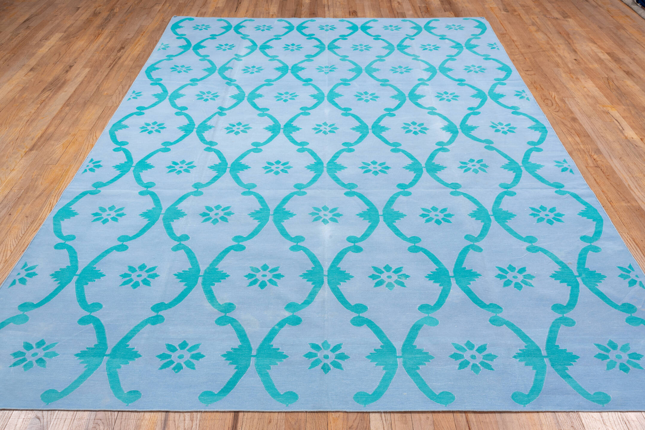 7' x 10' one-of-a-kind handmade vintage Dhurrie large size rug. Color palette: blue, green, light blue, light gray