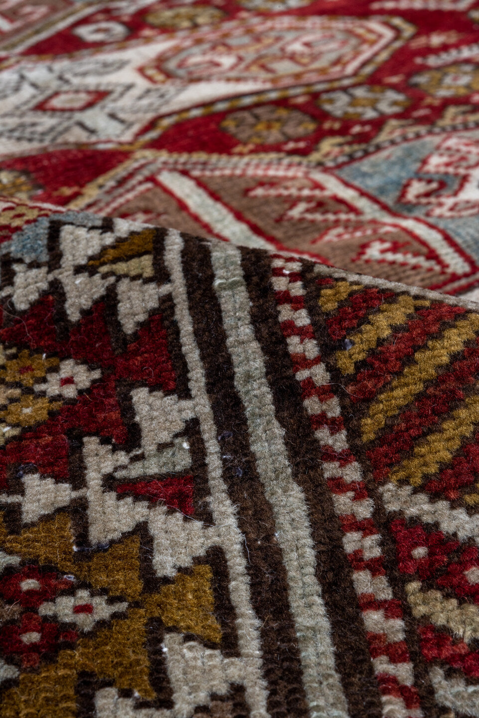 4' x 6' one-of-a-kind handmade vintage Shirvan small size rug. Color palette: brown, gray, pink, red