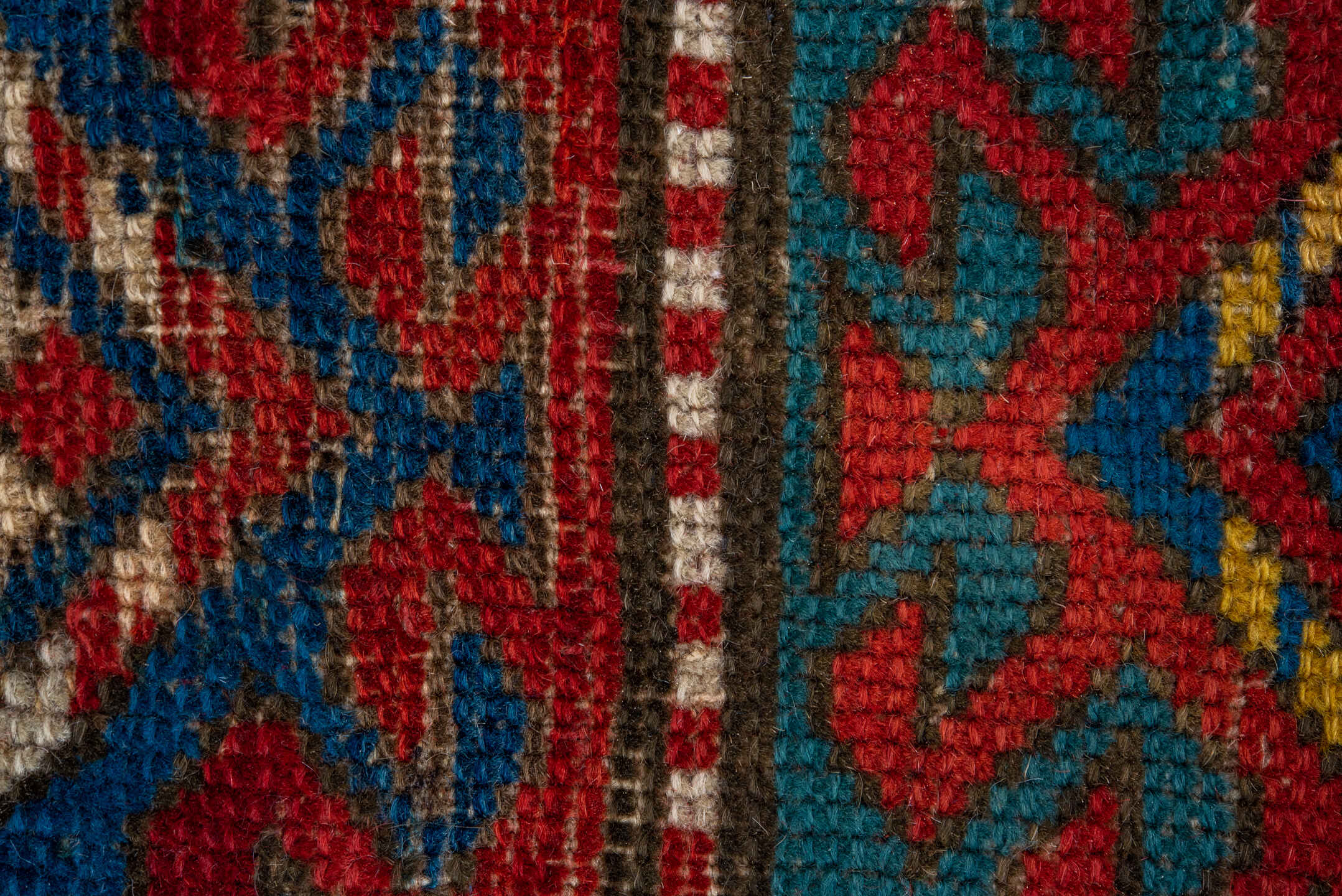 3' x 5' one-of-a-kind handmade antique Caucasian small size rug. Color palette: red, turquoise, ivory, blue, burgundy, camel